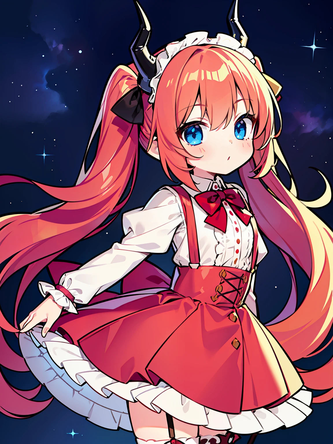 {{best quality}}, {{masterpiece}}, {{ultra-detailed}}, {illustration}, {detailed light}, red hair,blue eyes,twintails,lolita,Suspenders skirt,Fantastic,loli,solo,Dragon horns,****** girl,long hair