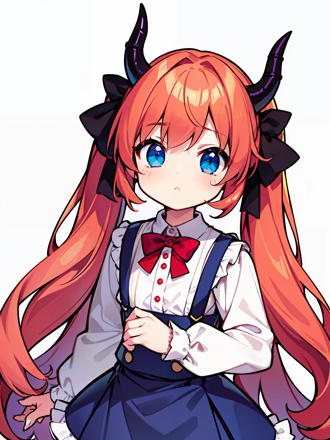 {{best quality}}, {{masterpiece}}, {{ultra-detailed}}, {illustration}, {detailed light}, red hair,blue eyes,twintails,****ta,Suspenders skirt,Fantastic,****,solo,Dragon horns,***********,long hair