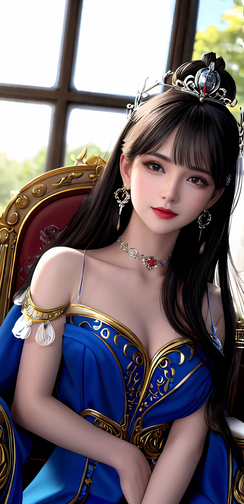 (realisticity: 1.2), best quality, 8K UHD, masterpiece, highres,cg,
1 super detailed girl, super detailed queen
, sitting on a super detailed royal throne, lud, xurious royal palace background, beautiful and detailed, super detailed long hair, wearing a beautiful and luxurious crown with diamonds and super detailed,
super detailed dress, super detailed beautiful earrings,
solo, jewelry, super detailed red and blue dress, pretty face, beautiful, and super detailed,
, earrings, super detailed hairdo, splashing, the upper body is very super detailed, super detailed hair bun, super detailed black hair,
lighting,candid,Photograph,high resolution,4k,8k,Bokeh,