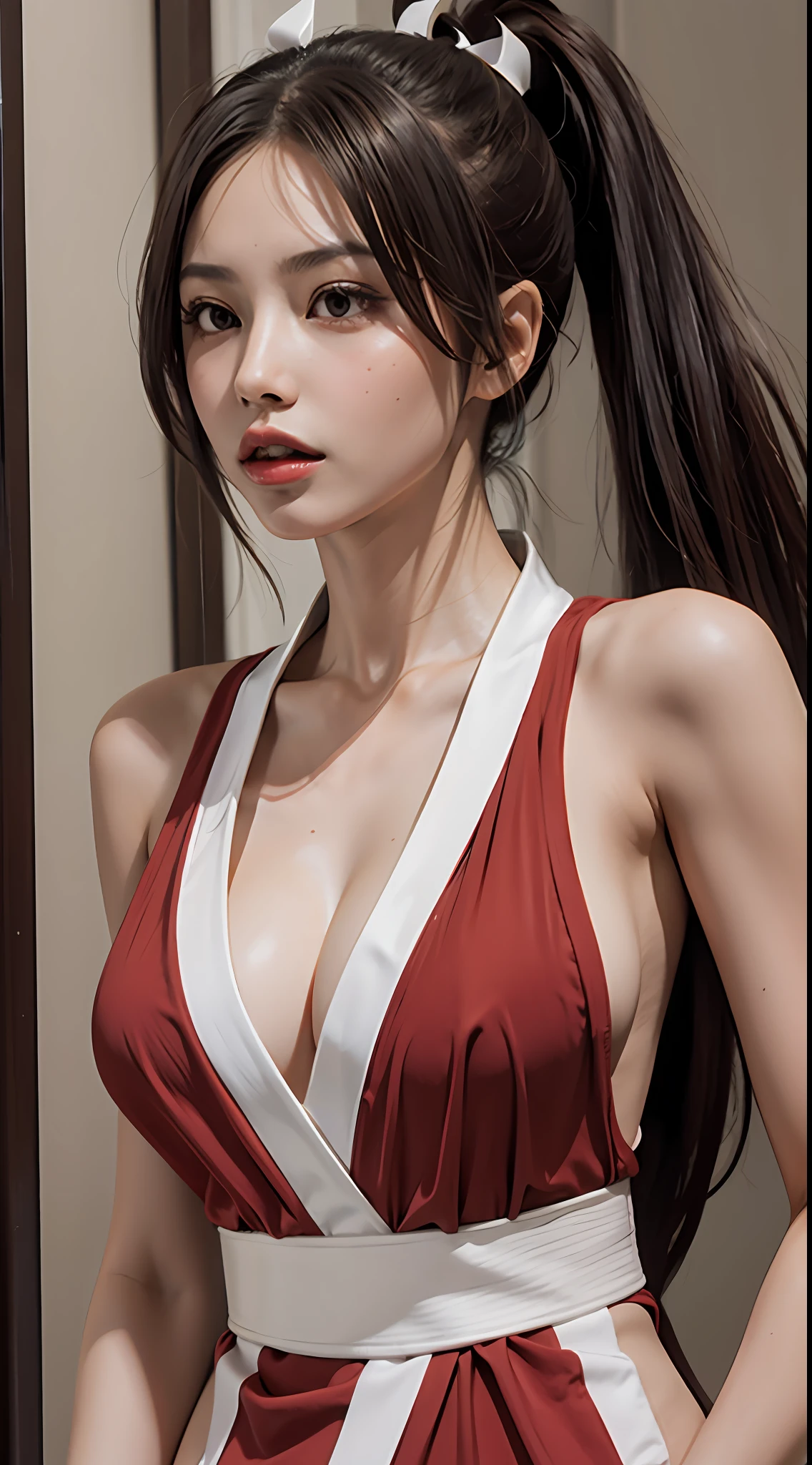(tmasterpiece,top-quality,best qualityer,offcial art,Beauty and aesthetics:1.2),(1girll:1.3),(s fractal art:1.3)(Good lighting:1.1),((A high resolution)),with brown eye,long whitr hair,brown hair,White ribbon,无袖,pony tails,obi strip,pelvis curtain,cloths,mai shiranui,upperbody closeup,cleavage,Fighting posture