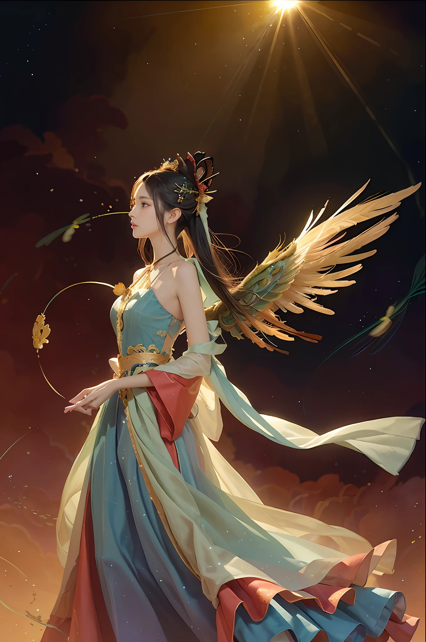(Masterpiece, top quality, best quality, extreme detail, highest detail, official art, Beauty and Aesthetics: 1.2), Colorful, Denim Shot, Upper Body Shot, Beautiful Face, Solo, Perfect Body, On the Sky Clouds, Fairy, Flowing Streamers, Sun Rays, Clouds, Full Body, Hanfu, Chinese Clothes, White Dress, Water, Fireflies, Night, Starry Sky, Jewelry, Feathers on Dresses, Peacock Feathers, Light Particles, Volumetric Lighting, Ray Tracing (Flowing Streamers: 1.1), (Fantasy: 1.2), Illuminator, Stars, Fantasy, High Contrast, Ink Strokes, Overexposure, Purple and Red Tone Impressions, Abstract, ((Watercolor by John Berkey and Jeremy Man)) Brush Strokes,