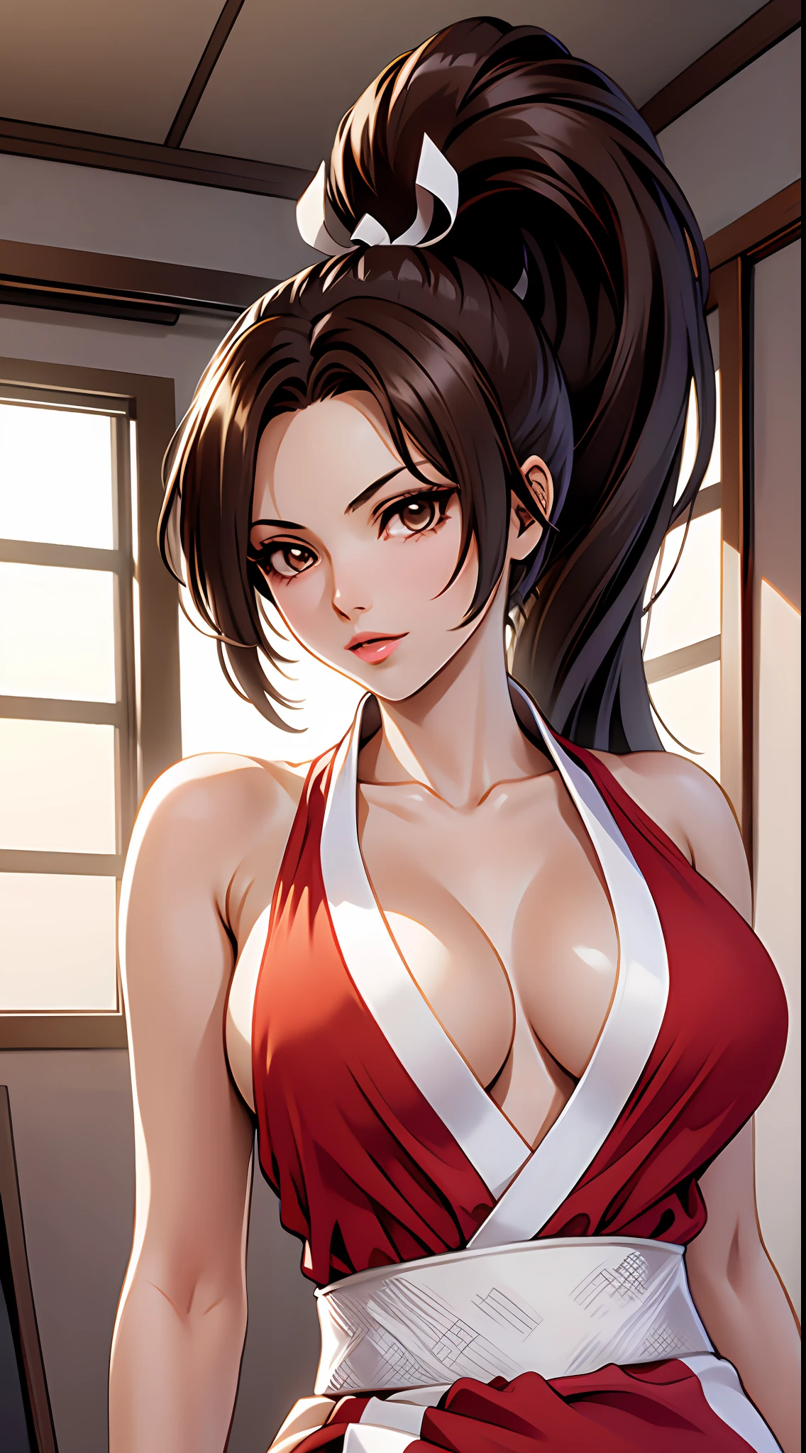 （tmasterpiece，top-quality，best qualityer，offcial art，Beauty and aesthetics：1.2），（1girll：1.3），（s fractal art：1.3）（Good lighting：1.1），（（A high resolution）），with brown eye，long whitr hair，brown  hair，White ribbon，无袖，pony tails，obi strip，pelvis curtain，cloths，mai shiranui，upperbody closeup，cleavage，Fighting posture