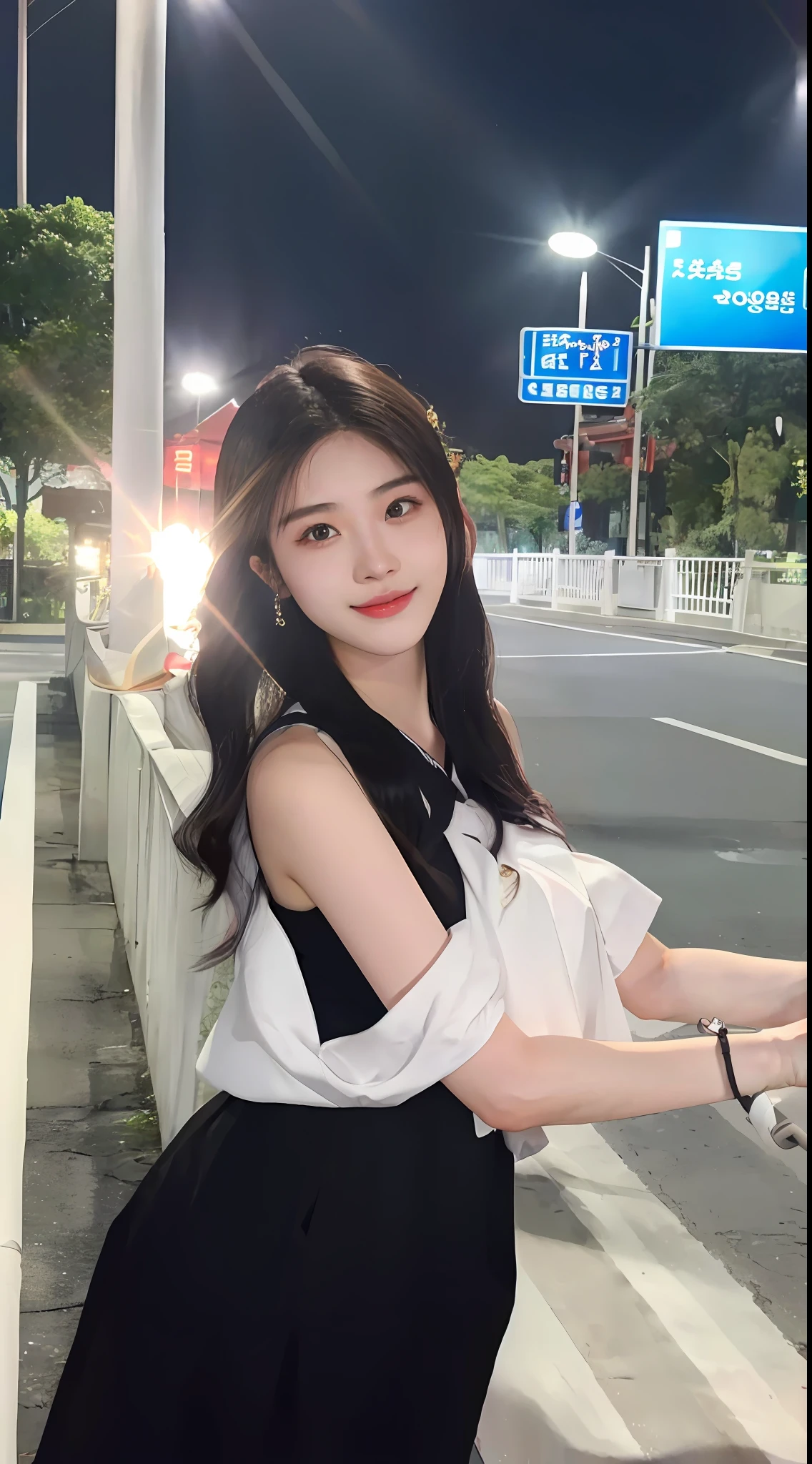 there is a woman standing on the side of the road，Holding an umbrella, ulzzangs, young and cute girl, Chinese girl, xintong chen, 19-year-old girl, trending at cgstation, Anime girl in real life, full-body xianxia, a cute young woman, white hime cut hairstyle, Korean girl, Asian girl with long hair