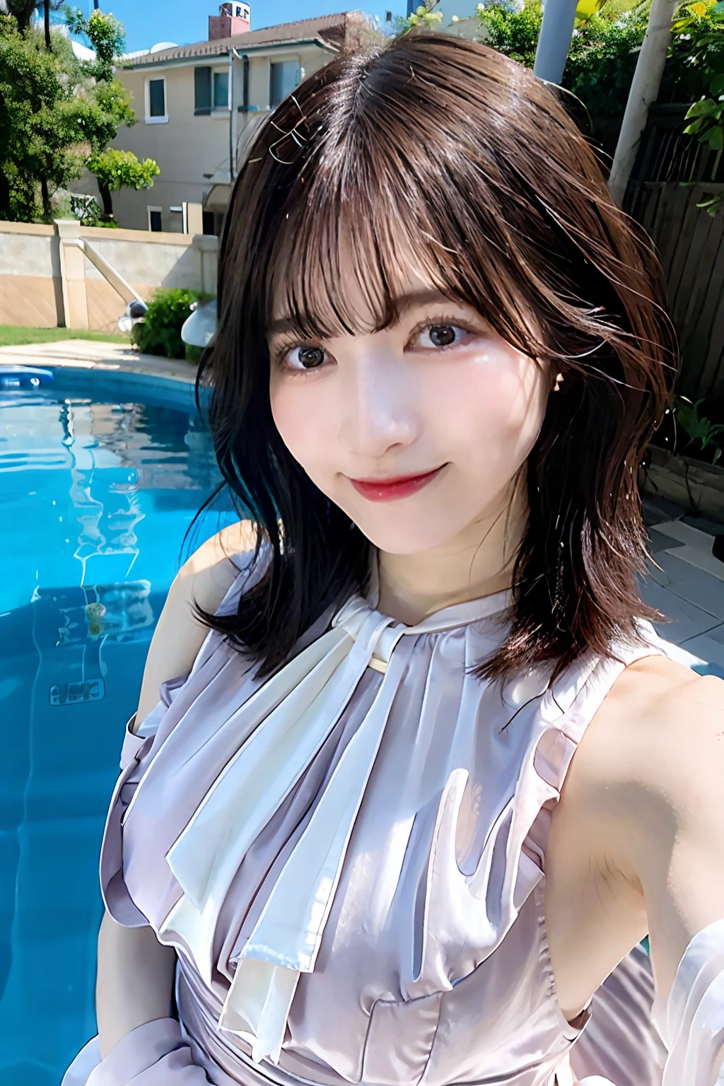 Thin skin、bangss、bare shoulders​、Beautiful large breast、Chest squeezed together、On the water、In the pool、Detailed pool background、hair between eye、length hair、oval-face、二重まぶた、cparted lips、Brown-eyed、独奏、((The areol))、(cleavage of the breast)、 hairarmpits[wrinkles]、delicate and sexy(鎖骨:1.3)、ligh brown hair、(shinny skin:0.8)、(masuter piece:1.4)、(top-quality:1.4)、natural(Medium chest:0.7)、glossy red lips、Perfect Abs、(Sheer areol)、(sheer fabrics)、wet​(perspired、sodden)、low angles、(From the angle from below)、High Detail Skin、Skin pores、(SFW)、vestments