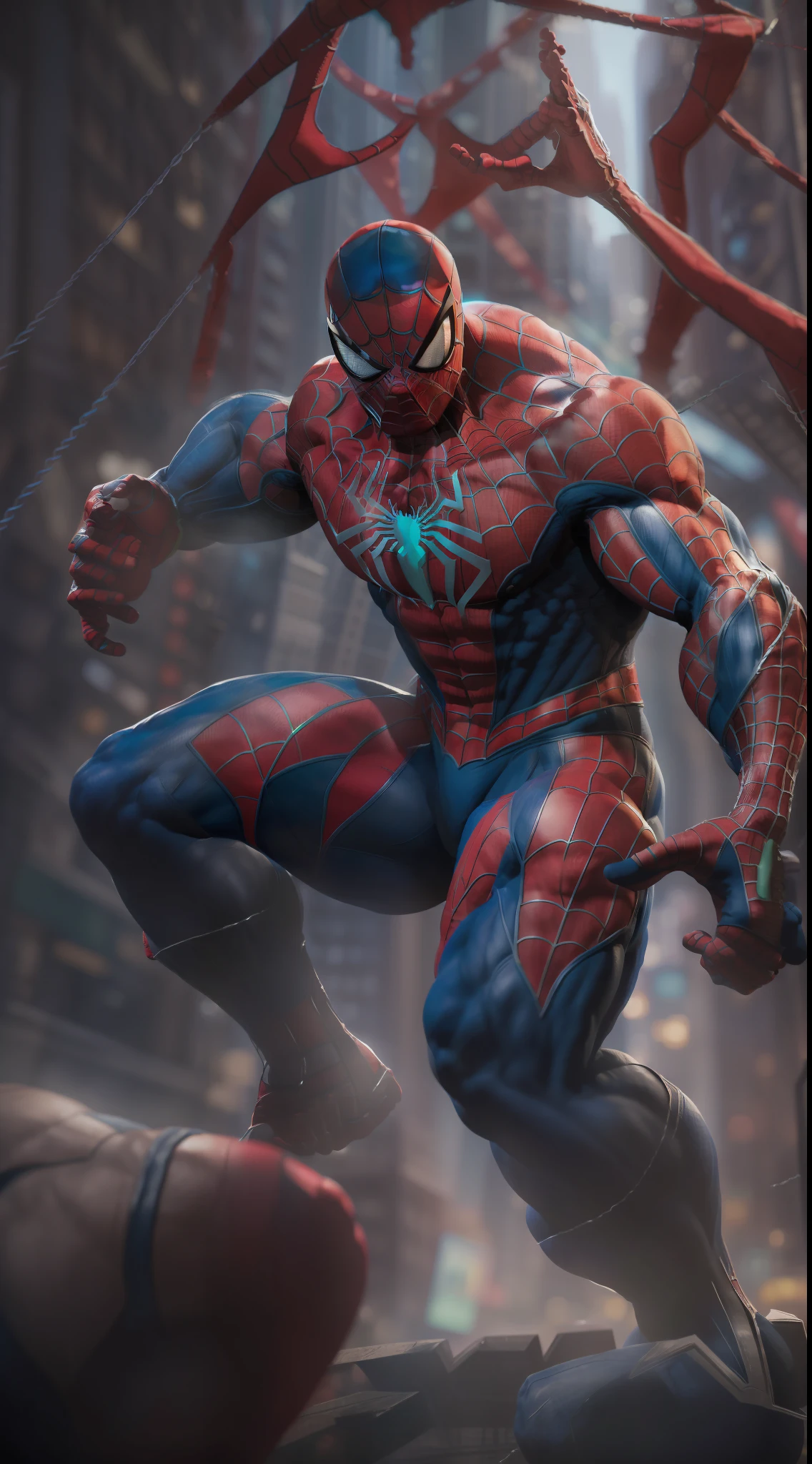 (Ultra resolution 8K), La mejor calidad posible, epic masterpiece of Hulk dressed in iconic Spider-Man costume, Merging two of the most iconic heroes into one truly epic image. El traje rojo y azul, adorned with the distinctive spider web on his chest and back, stretches and adjusts over the Hulk's massive muscles.Each thread of the spider web seems to vibrate with energy as it adjusts to the towering green figure.... Los ojos blancos del traje se encienden con un resplandor singular, revealing the Hulk's pent-up anger and unwavering determination.