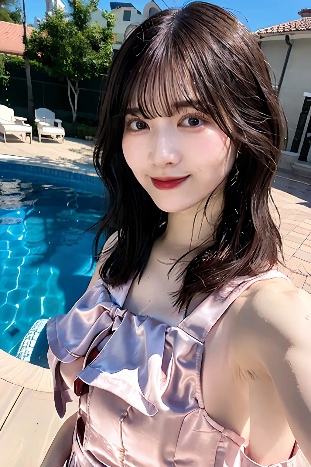 Thin skin、bangss、bare shoulders​、Beautiful large breast、Chest squeezed together、On the water、In the pool、Detailed pool background、hair between eye、length hair、oval-face、二重まぶた、cparted lips、Brown-eyed、独奏、((The areol))、(cleavage of the breast)、 hairarmpits[wrinkles]、delicate and sexy(鎖骨:1.3)、ligh brown hair、(shinny skin:0.8)、(masuter piece:1.4)、(top-quality:1.4)、natural(Medium chest:0.7)、glossy red lips、Perfect Abs、(Sheer areol)、(sheer fabrics)、wet​(perspired、sodden)、low angles、(From the angle from below)、High Detail Skin、Skin pores、(SFW)、vestments