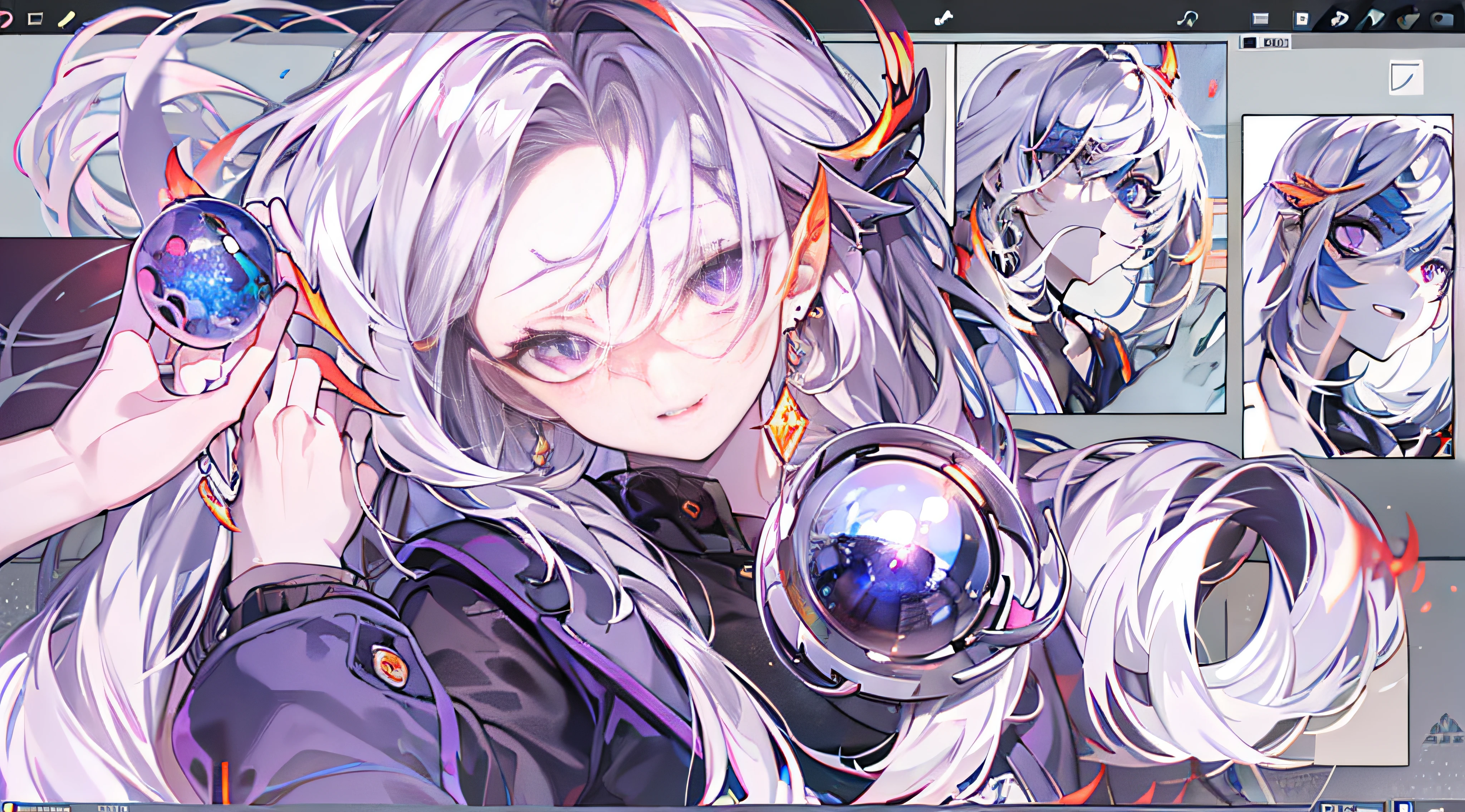purple eyes, glowing eyes, white hair, low-braided long hair, earrings, crazy, ember, high detail, ray tracing, character chart, UHD, retina, masterpiece, ccurate, anatomically correct, textured skin, super detail, high details, high quality, award winning, best quality, highres