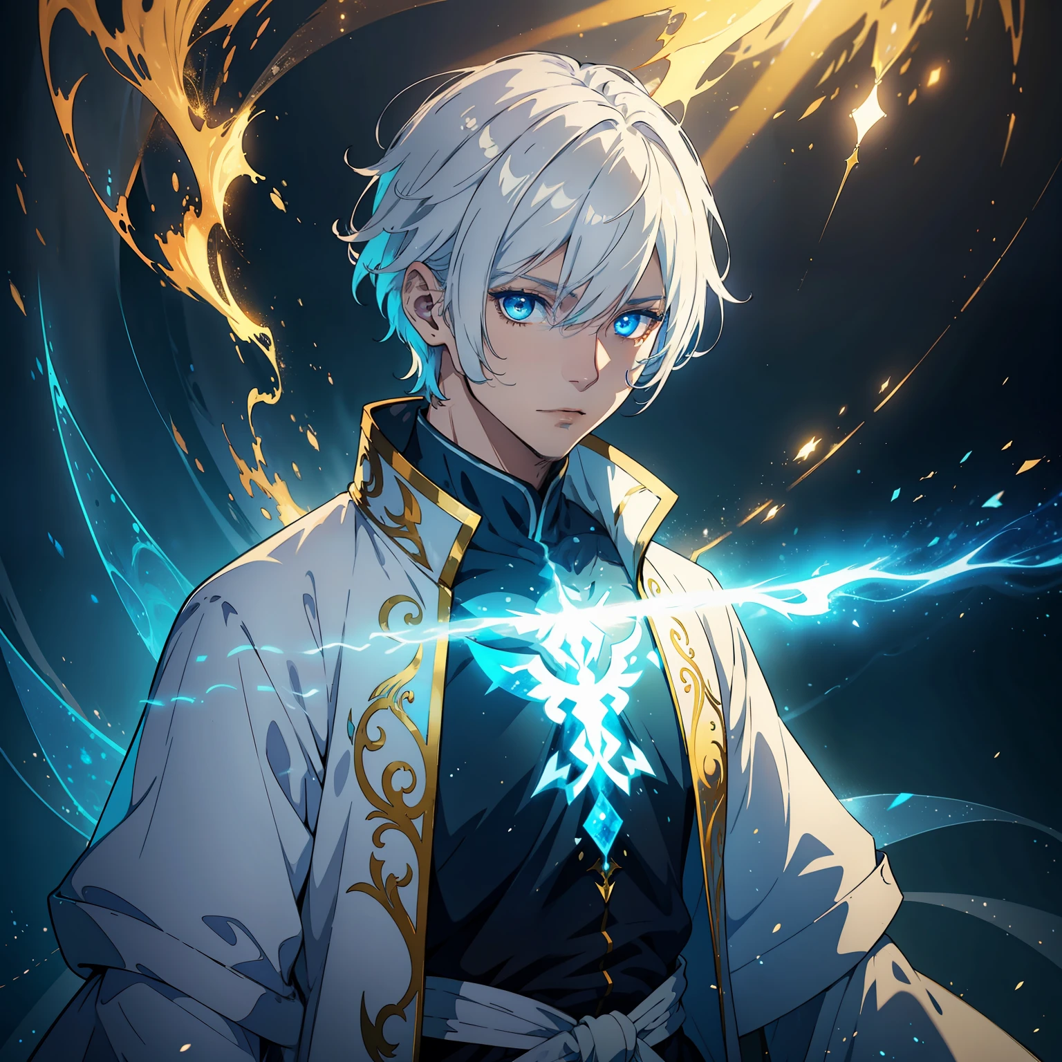 1 male,half-body photo,White hair,eyes blue,White robe clothes,Surrounded by colored light,Fantasy graphics,Fairy style,fog atmosphere,llight rays,golden colored,