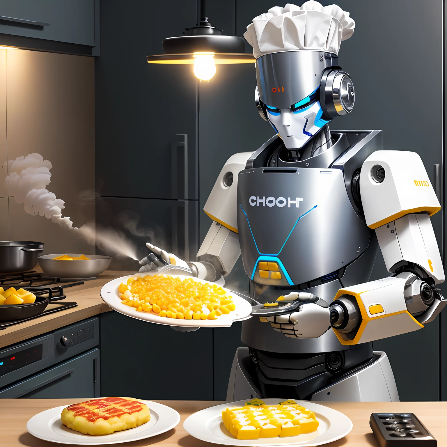 Robot chef cooking a fish in the kitchen，Potato cakes，Steam eggs，Boiled foods such as corn