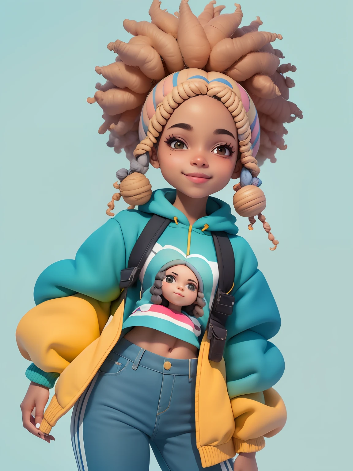 (obra-prima), (melhor qualidade), (ultra-detalhado), (corpo inteiro: 1.2) menina afro dread's presos, bonita e fofa, capuz, moletom preto, Knitted jumpsuits, Pants, jaqueta, blusa, sorriso claro, corpo inteiro, :3, fundo tom pastel , colorido e simples.