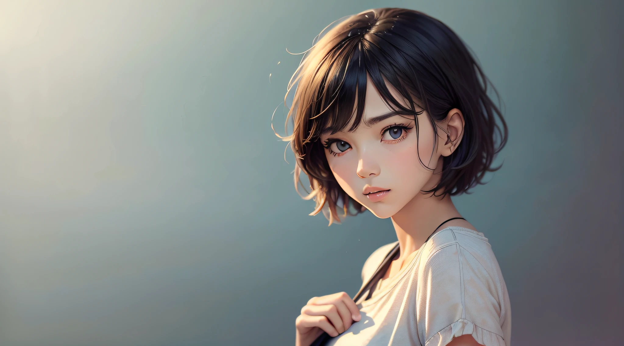 (Masterpiece), (high quality), (ultra detailed), (short hair), (illustration), (1girl), (casual clothes), standing, model, looking at the viewer, (photo essay), (blurred background), beautiful detailed eyes, beautiful and delicate face, black skin, floating, (low saturation), (bright), focus on facial expression, black hair, side bangs,