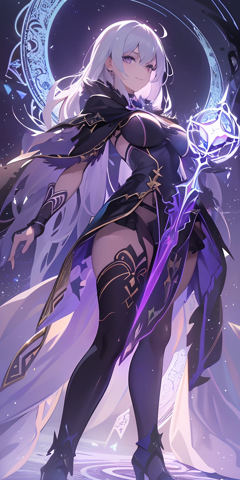 (masterpiece, best quality, ultra-detailed, best shadow), (detailed background,dark fantasy), (beautiful detailed face), high contrast, (best illumination, an extremely delicate and beautiful), ((cinematic light)), colorful, hyper detail, dramatic light, intricate details, (1girl, solo,white hair, sharp face,purple eyes, hair between eyes,dynamic angle), swirling black light around the character, depth of field,black light particles,(broken glass),magic circle, goddess, full body, holding magical sword, woman, happy, smile, look in front,