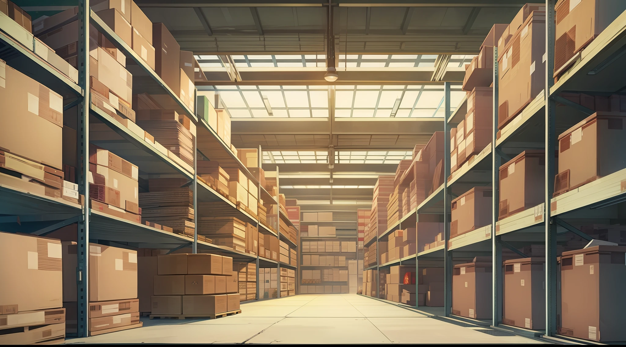 Warehouse inside, many large shelves with boxes, Anime style.