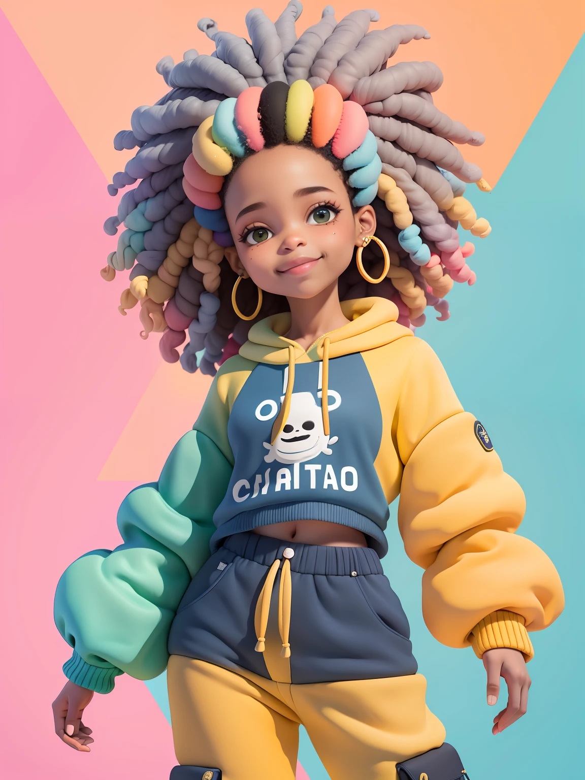 (obra-prima), (melhor qualidade), (ultra-detalhado), (corpo inteiro: 1.2) menina afro dread's presos, bonita e fofa, capuz, moletom preto, Knitted jumpsuits, Pants, jaqueta, blusa, sorriso claro, corpo inteiro, :3, fundo tom pastel , colorido e simples.