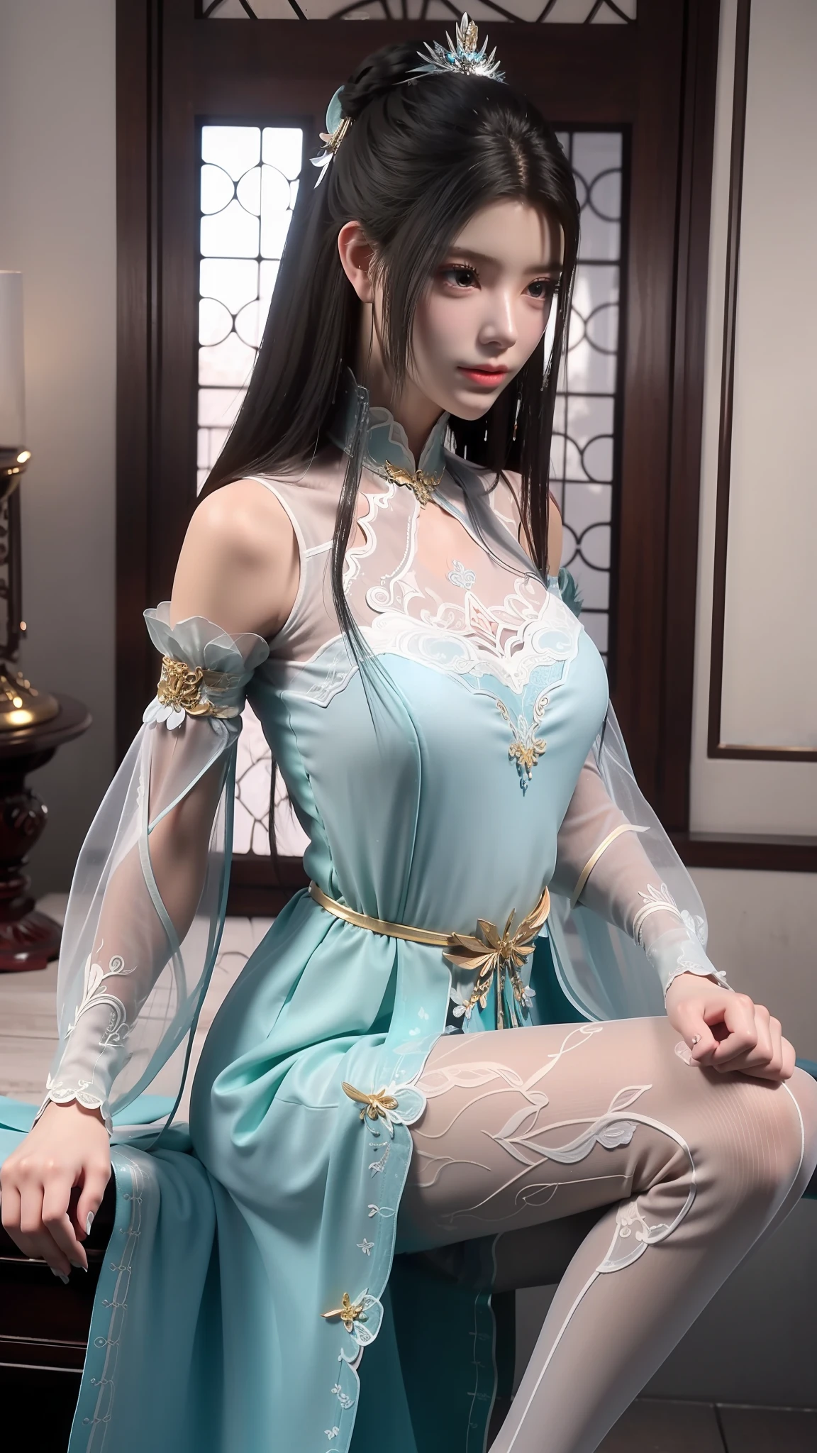 Arad woman in blue dress sitting on windowsill, cute anime waifu in a nice dress, trending on cgstation, 8K high quality detailed art, anime barbie in white stockings, highly detailed exquisite fanart, Extremely detailed Artgerm, the anime girl is crouching, flowing magical robe, beautiful and seductive anime woman, WLOP and Sakimichan