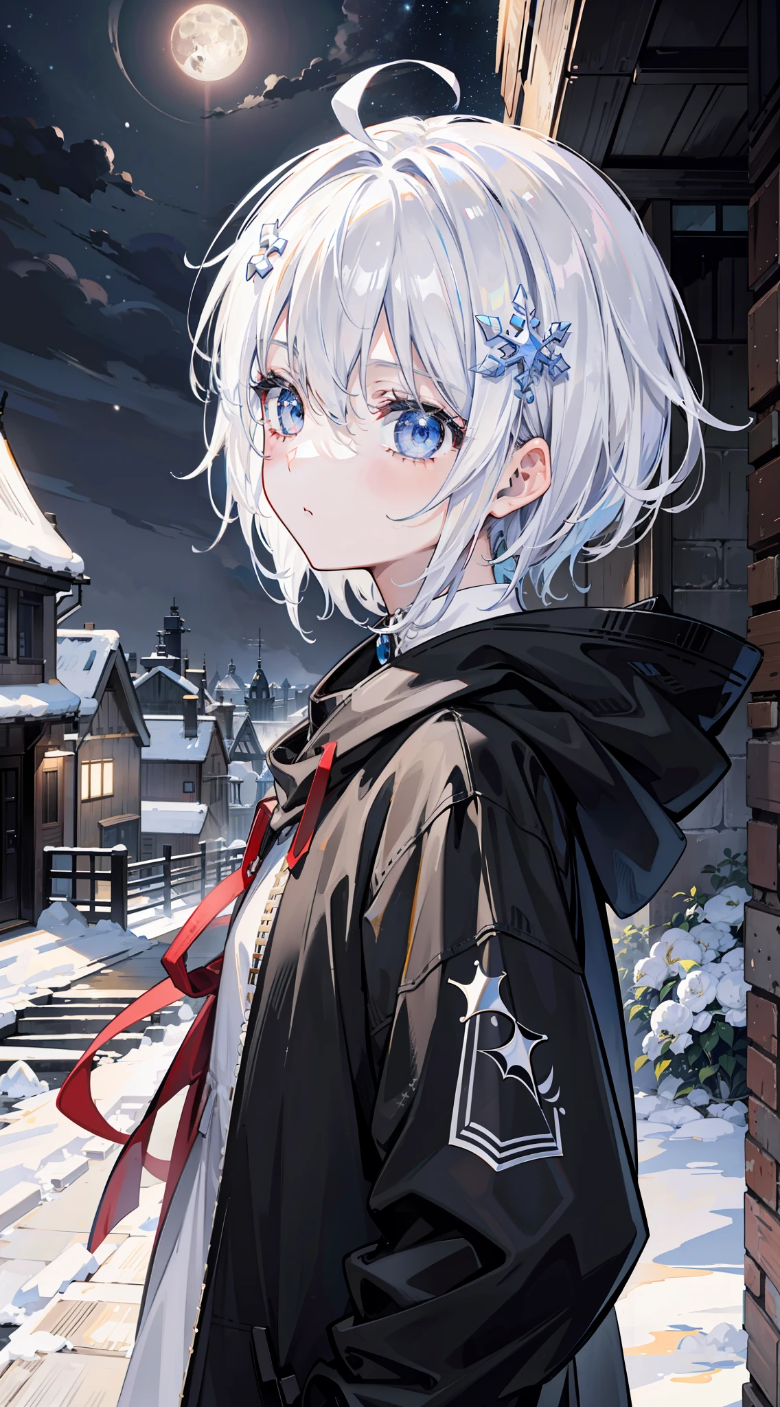 Looking into the distance,full_moon,masterpiece,best quality,official art,extremely detailed CG unity 8k wallpaper,boy,solo,short hair,white hair,ahoge,snowflake hair ornament,expressionless,grey eyes,simple black hoodie,industrial revolution,background of the Middle Ages