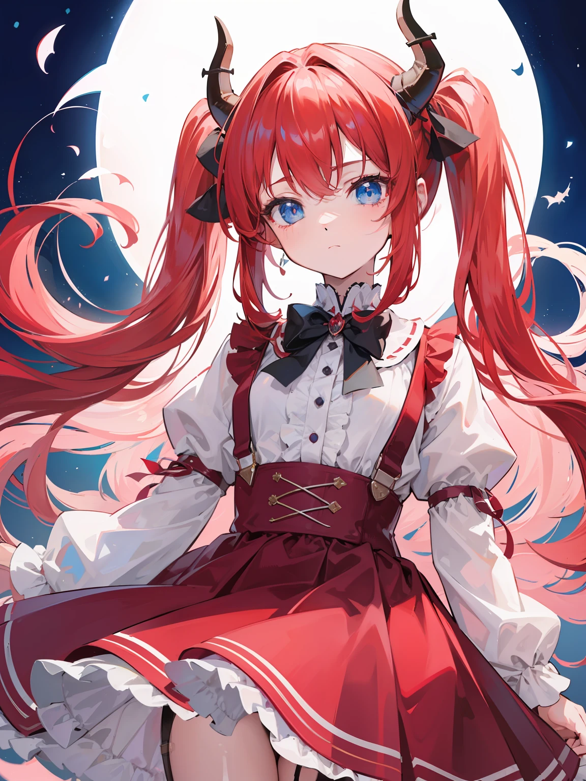 {{best quality}}, {{masterpiece}}, {{ultra-detailed}}, {illustration}, {detailed light}, red hair,blue eyes,twintails,,Suspenders skirt,Fantastic,loli,sDragon horns,little gir