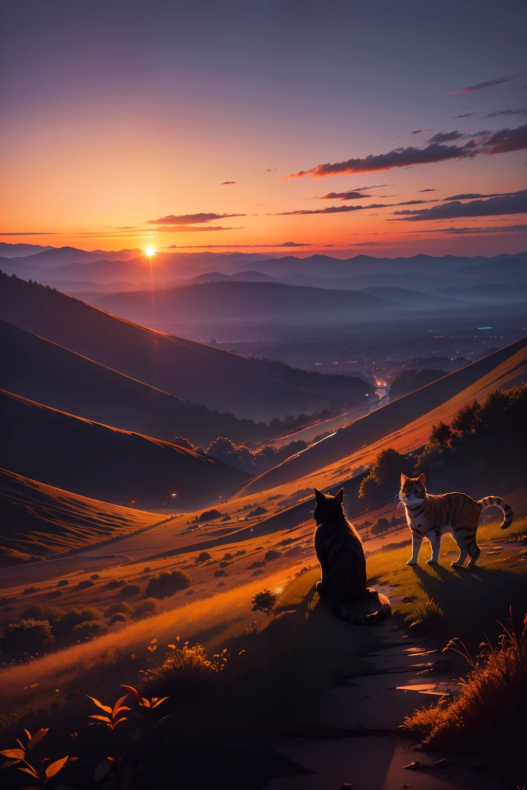 catss，the sunset，Beautiful，evening light，view from long distance，realisticlying，plethora of colors，Gorgeous and colorful，wide wide shot，Shoot at night，Positive，natural style，hdr shot
