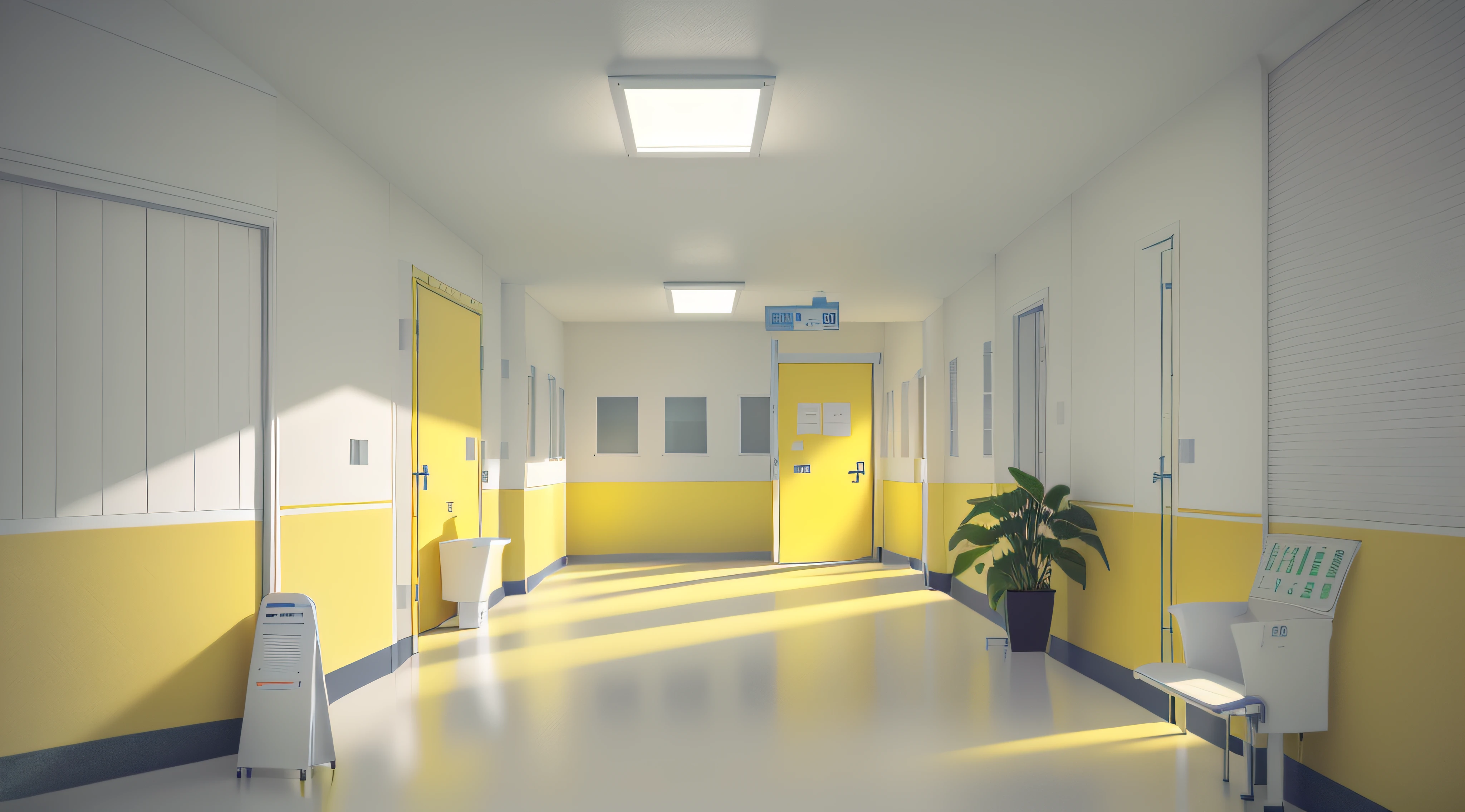 There is a yellow warning sign in the middle of the corridor, hospital in background, Hospital interior, sterile minimalistic room, hallway landscape, sickroom, interior background art, sickroom, waiting room, hospitals, doctors office, emergency room, hd illustration, indoor lab scene, indoor background, Spaceship corridor background, clean medical environment, an empty hallway, alien room background