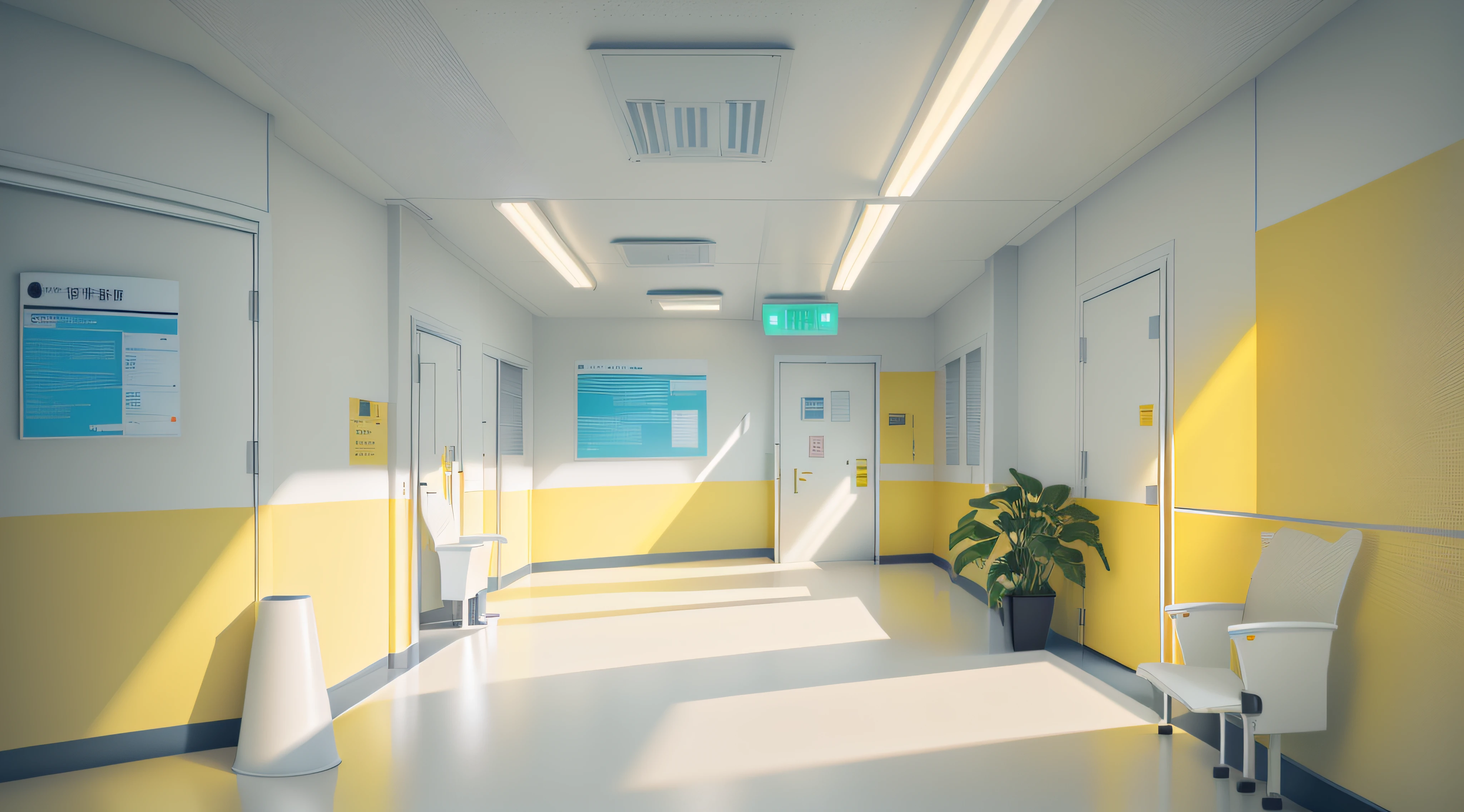 There is a yellow warning sign in the middle of the corridor, hospital in background, Hospital interior, sterile minimalistic room, hallway landscape, sickroom, interior background art, sickroom, waiting room, hospitals, doctors office, emergency room, hd illustration, indoor lab scene, indoor background, Spaceship corridor background, clean medical environment, an empty hallway, alien room background