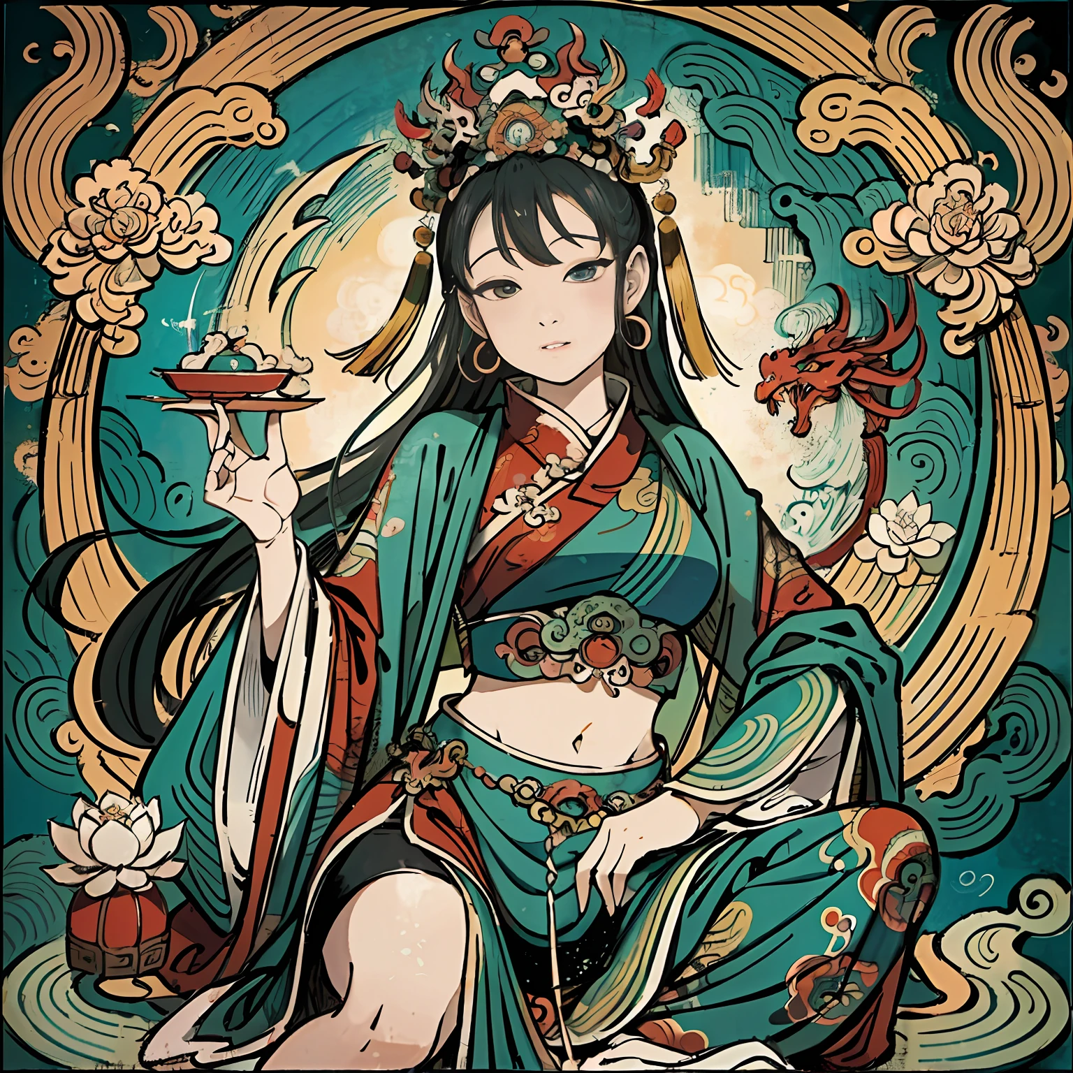 an ancient Chinese goddess, guanyin of the southern seas, Guanyin, Inspired by India, Avalokiteshvara rides a dragon，,Serene expression,shui mo hua,Buddha,Buddhist,Lotus,Chinese painting style,Thangka style