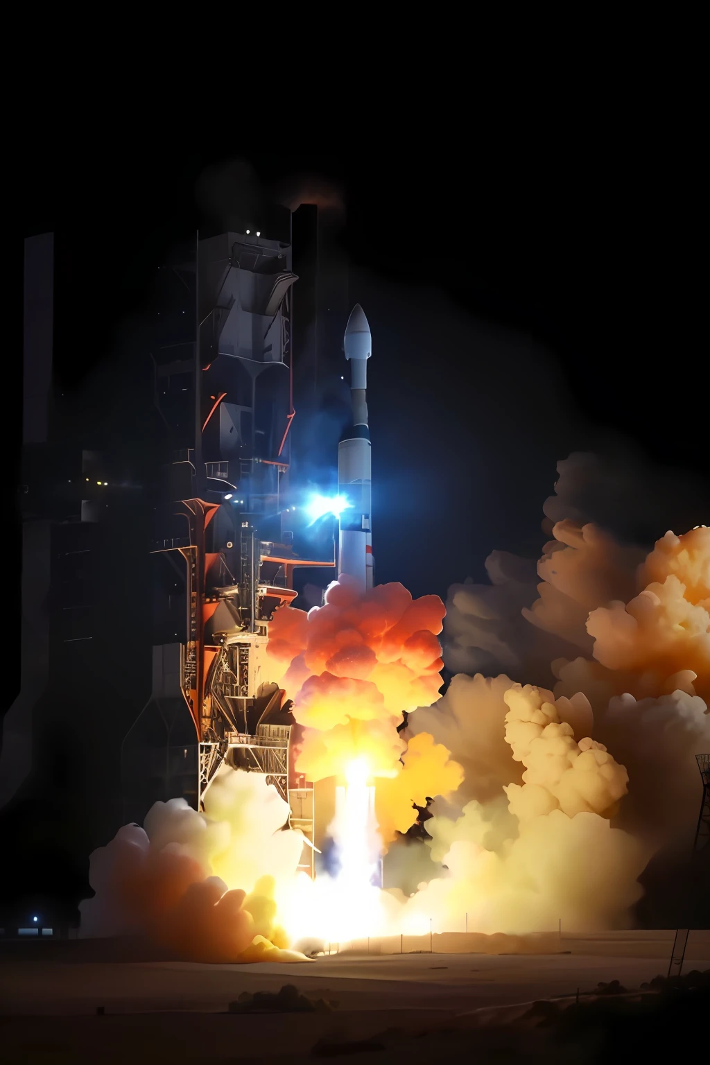 Close-up of the rocket,Smoke and smoke come out of it, launch of a rocket, Rockets in space, launch test, launch tracking missiles, rocket launching into the sky, Large launch vehicles roared in smoke from the launch tower