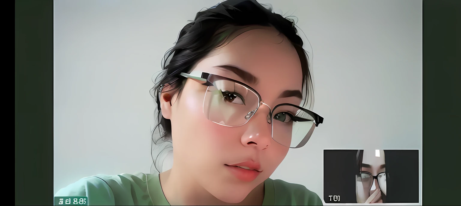 There was a woman with glasses and a green shirt, wearing thin large round glasses, With glasses, low quality video, wearing square glasses, thick glasses, tiktok video, wears glasses, eye glass, wearing small round glasses, with square glasses, face with artgram, transparent glasses, headshot profile picture, Wearing glasses, wearing black rimmed glasses