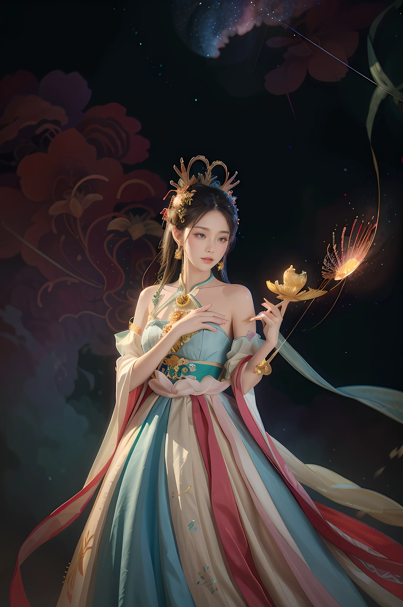 (Masterpiece, top quality, best quality, extreme detail, highest detail, official art, Beauty and Aesthetics: 1.2), Colorful, Denim Shot, Upper Body Shot, Beautiful Face, Solo, Perfect Body, On the Sky Clouds, Fairy, Flowing Streamers, Sun Rays, Clouds, Full Body, Hanfu, Chinese Clothes, White Dress, Water, Fireflies, Night, Starry Sky, Jewelry, Feathers on Dresses, Peacock Feathers, Light Particles, Volumetric Lighting, Ray Tracing (Flowing Streamers: 1.1), (Fantasy: 1.2), Illuminator, Stars, Fantasy, High Contrast, Ink Strokes, Overexposure, Purple and Red Tone Impressions, Abstract, ((Watercolor by John Berkey and Jeremy Man)) Brush Strokes,