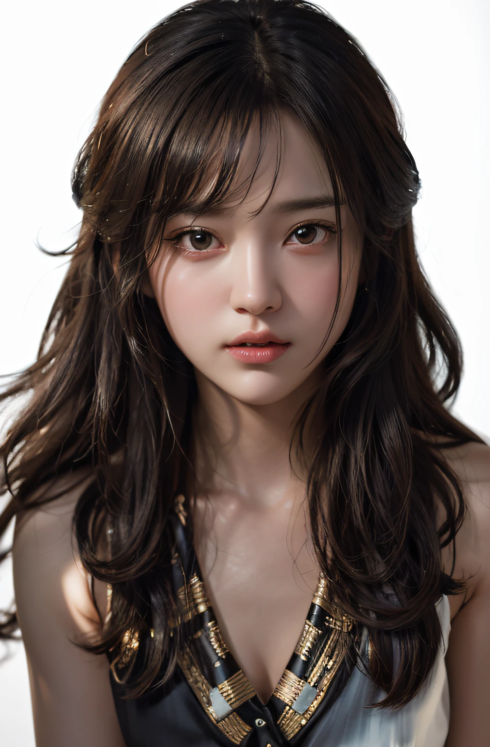 Staring at us, bright, Pretty lady,23years old, Pretty face, bright face,Lowered eyes, Smooth skin, Dark hair, Portrait painting with black eyes, Soft light from the front of the face, Simple camisole dress,Prevents shadowing on the face, top model, ultra-fine painted, Big, Sheer camisole dress, portrait composition, looking at the camera in, bblurry, 16k, 3D rendering of, Octane rendering, intricately details, 8k post production, high resolution,incredibly realistic and detailed expressions, Toon figure, full length portrait, Full-length photography, 8K UHD, Masterpiece, Ultra-fine details
