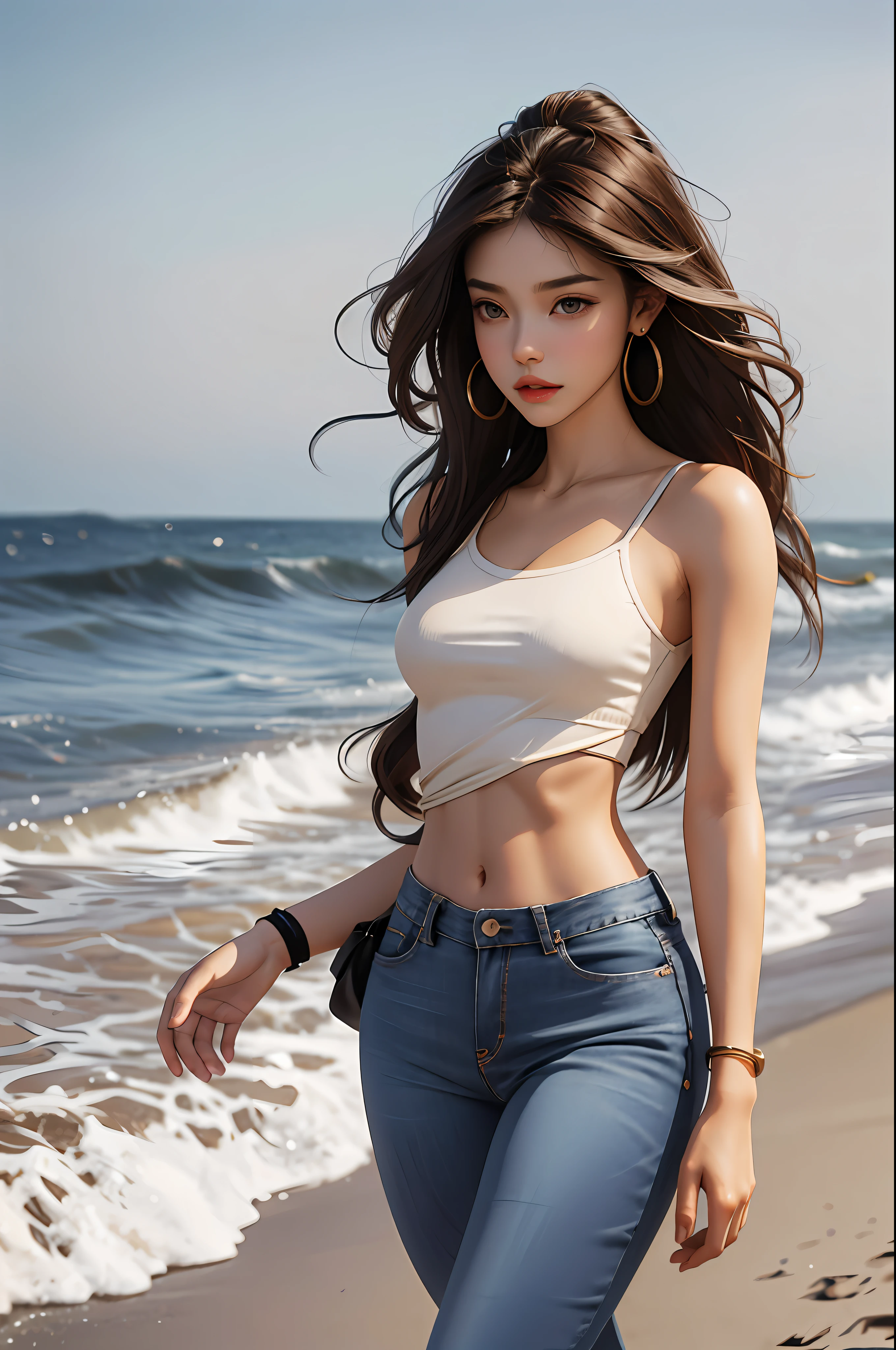 Girl, brunette, light, thin, medium breasts, medium butt, muscular belly, navel out, tight jeans, jeans modeling your body, red top, small eyes, thin eyebrows, round nose, small mouth, thin lips, brown eyes, detailed toast, turned legs, rastafari hair, hair fulfilled, earrings, walking on the beach, at night