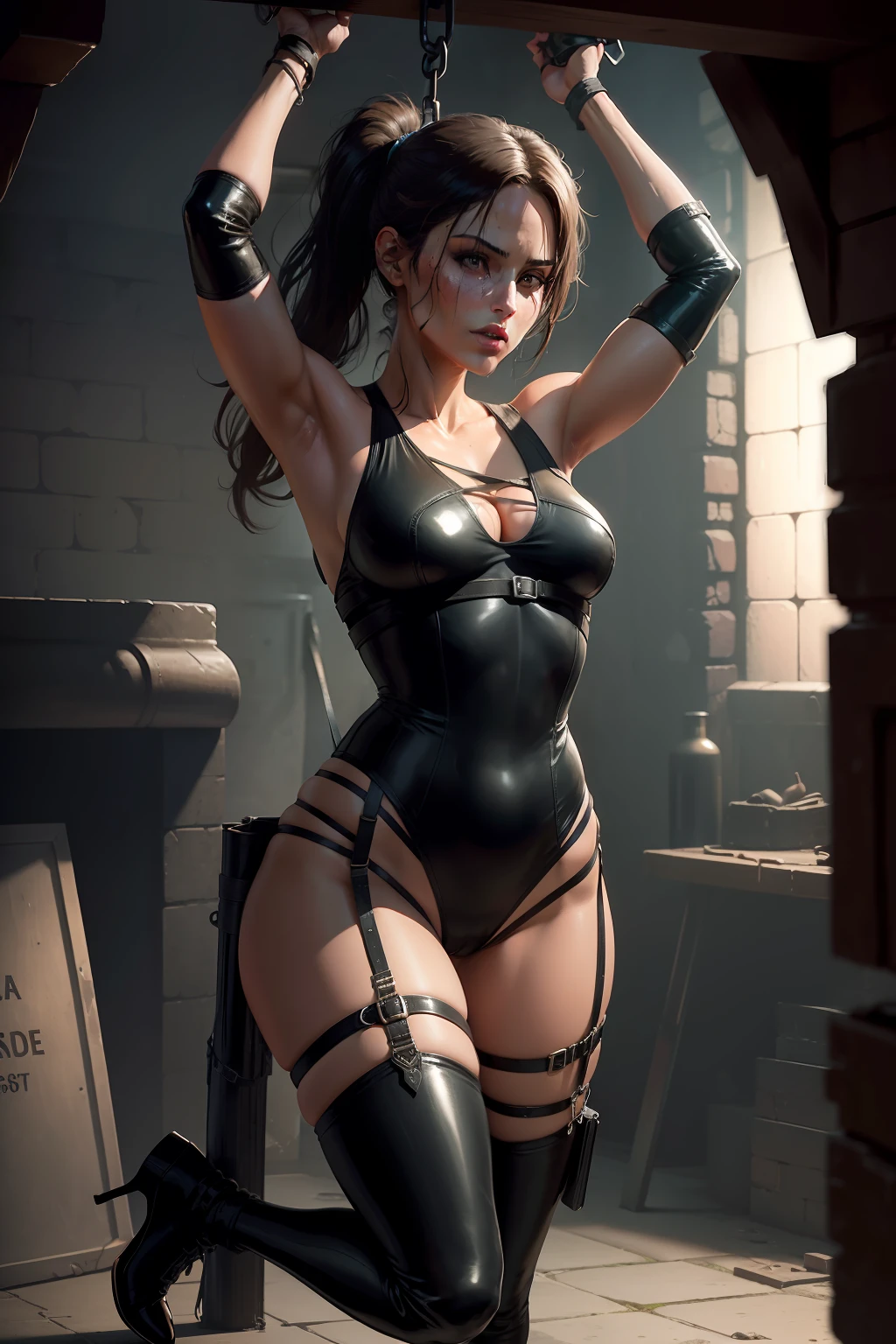 sexy lara croft tomb raider captured, in captivity, tied up, handcuffed, bdsm, nina bodysuit, leather sexy cat bodysuit, full bodysuit, full body wetsuit, high heels, high boots, full body picture, inside dungeon cell background, ponytail
