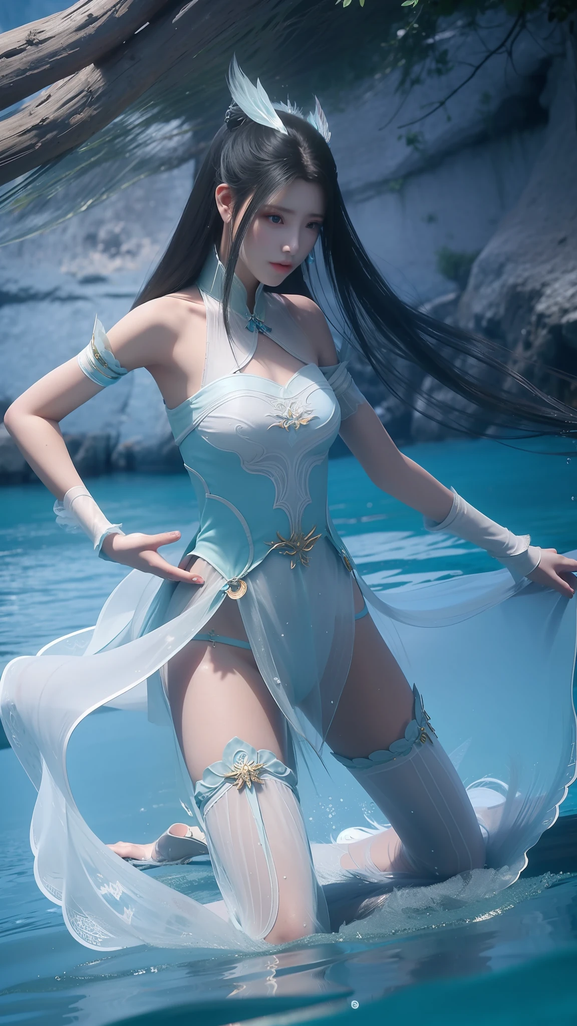 Arapei in a blue and white dress stood in the water, Anime girl walking on water, closeup fantasy with water magic, azur lane style, trending on cgstation, Anime girl cosplay, seraphine ahri kda, Splash art anime Loli, trending at cgstation, realistic water, water fairy, WLOP and Sakimichan