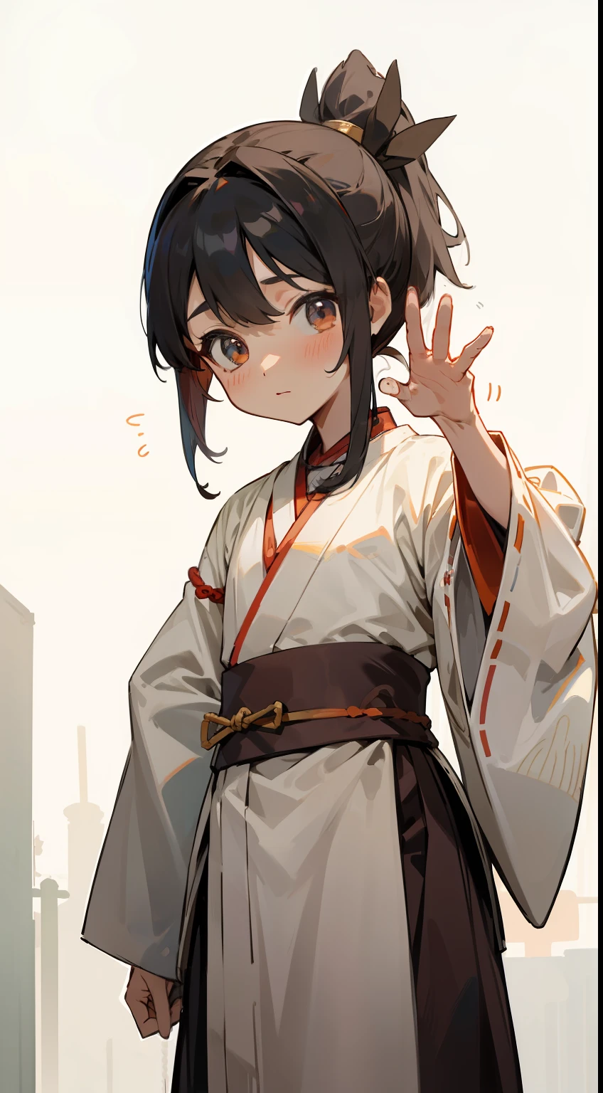 Wearing Hanfu，Tie a double ponytail，A small loli who is not tall，A hand is raised to greet the person