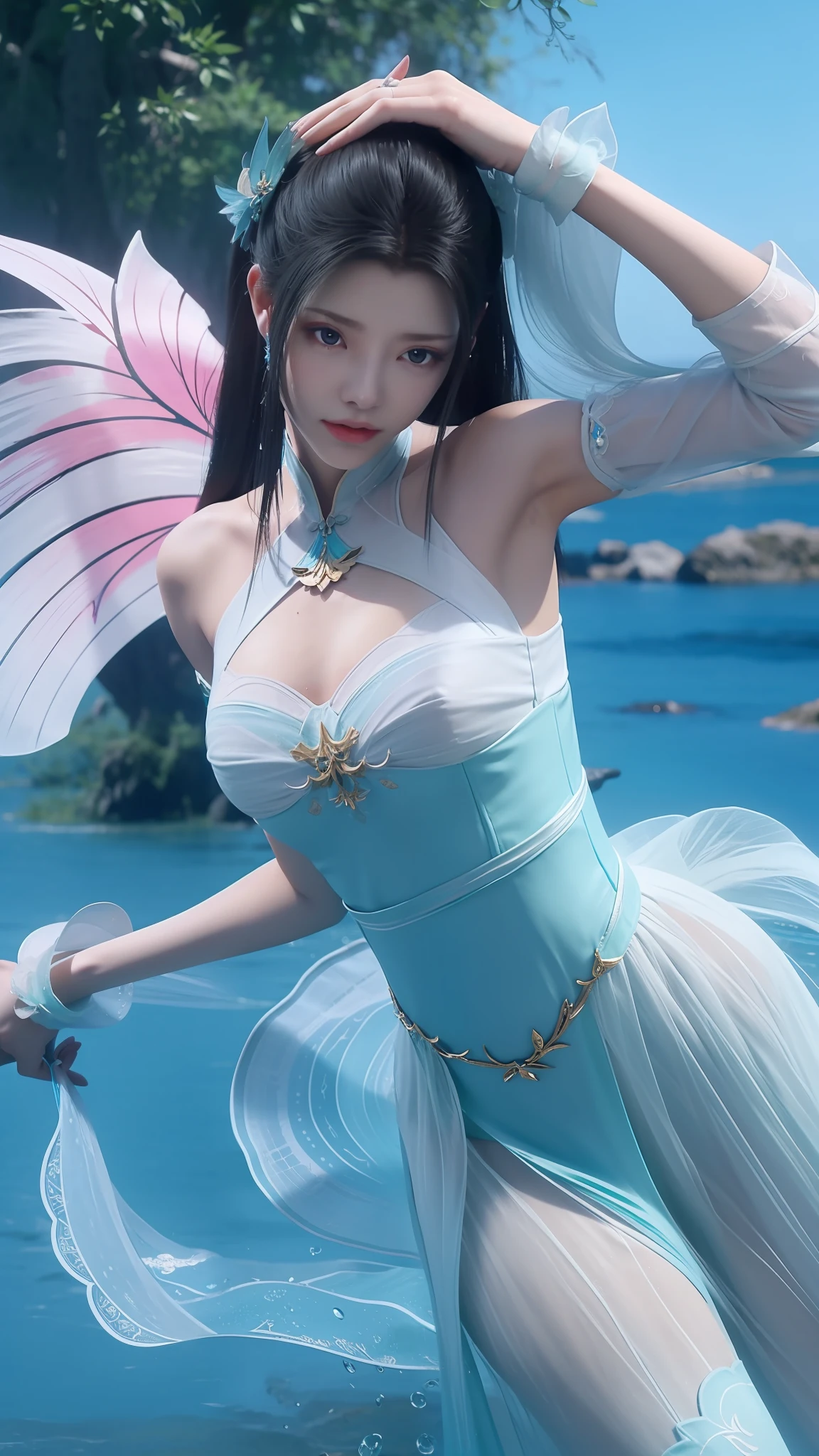 Arapei in a blue and white dress stood in the water, Anime girl walking on water, closeup fantasy with water magic, azur lane style, trending on cgstation, Anime girl cosplay, seraphine ahri kda, Splash art anime Loli, trending at cgstation, realistic water, water fairy, WLOP and Sakimichan