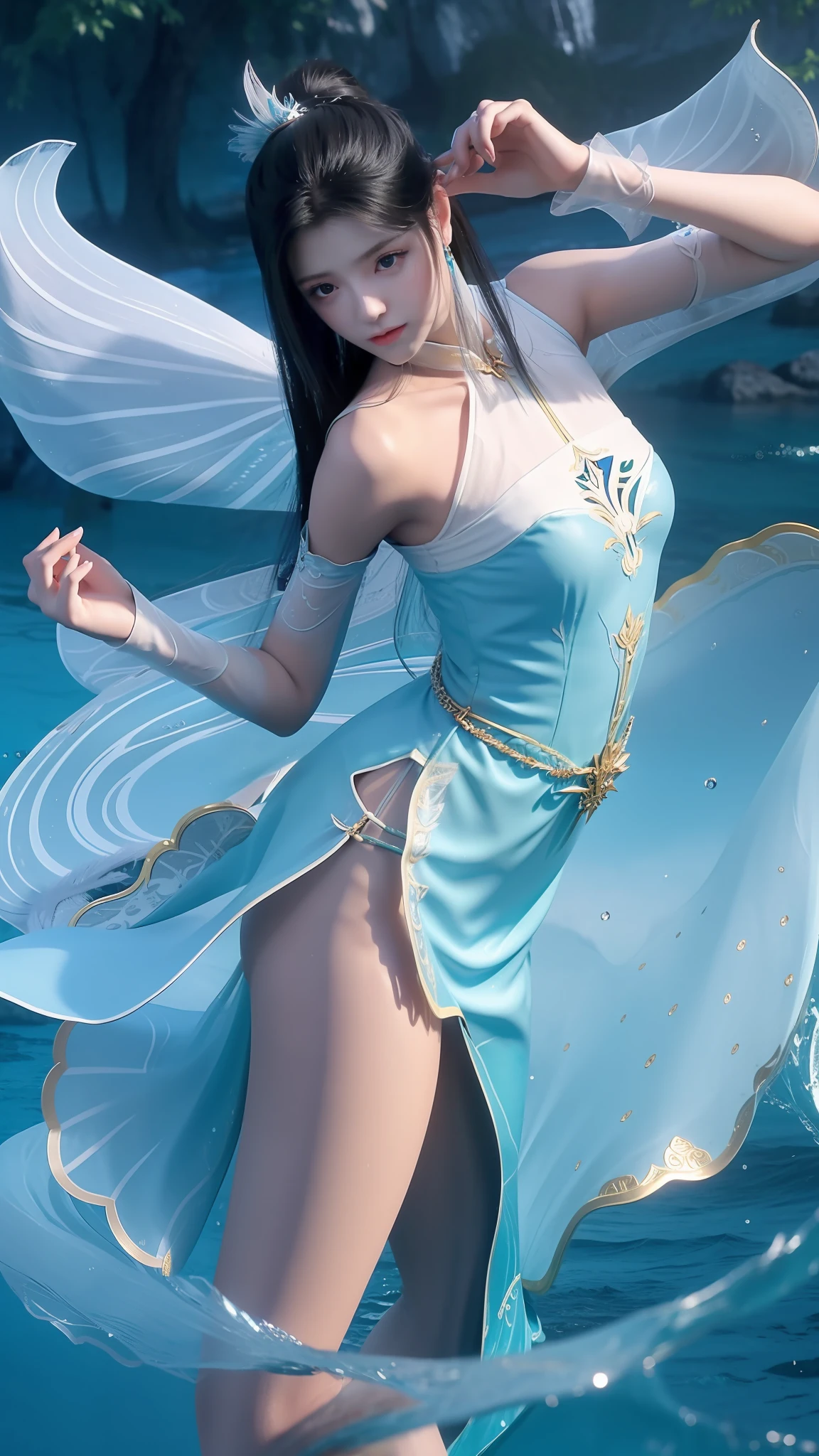 Arapei in a blue and white dress stood in the water, Anime girl walking on water, closeup fantasy with water magic, azur lane style, trending on cgstation, Anime girl cosplay, seraphine ahri kda, Splash art anime Loli, trending at cgstation, realistic water, water fairy, WLOP and Sakimichan