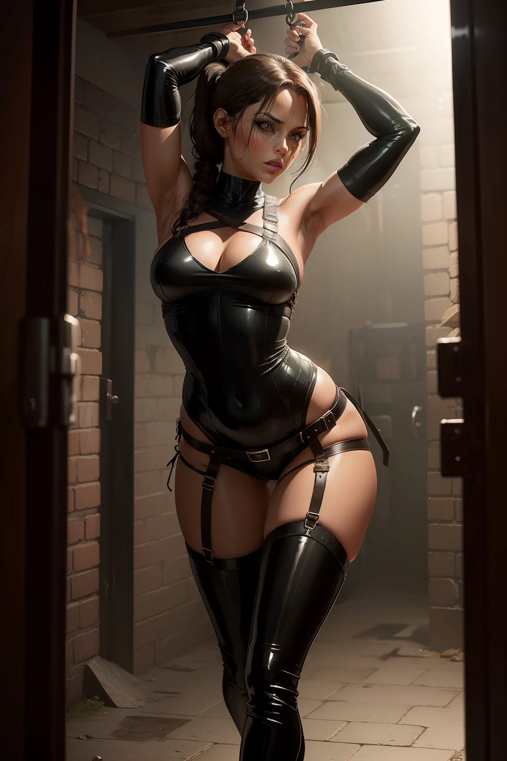 sexy lara croft tomb raider captured, in captivity, tied up, handcuffed, bdsm, nina bodysuit, leather sexy cat bodysuit, full bodysuit, full body wetsuit, high heels, high boots, full body picture, inside dungeon cell background, ponytail
