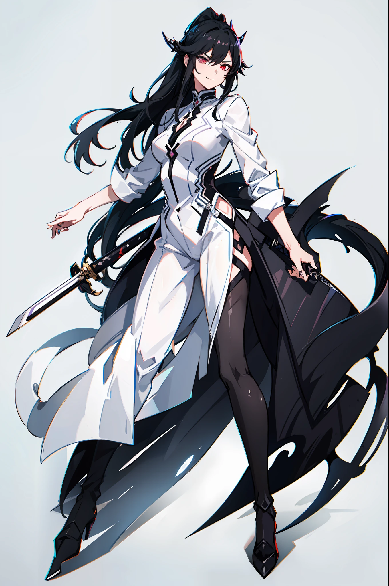 female arbiter vildred, 1 girl, black long hair, sharp eyes, deep starring, white tuxedo, killer smile, full body, holding a katana, snake shadow from behind, dynamic pose, looking to viewer, 8k, UHD, Masterpiece