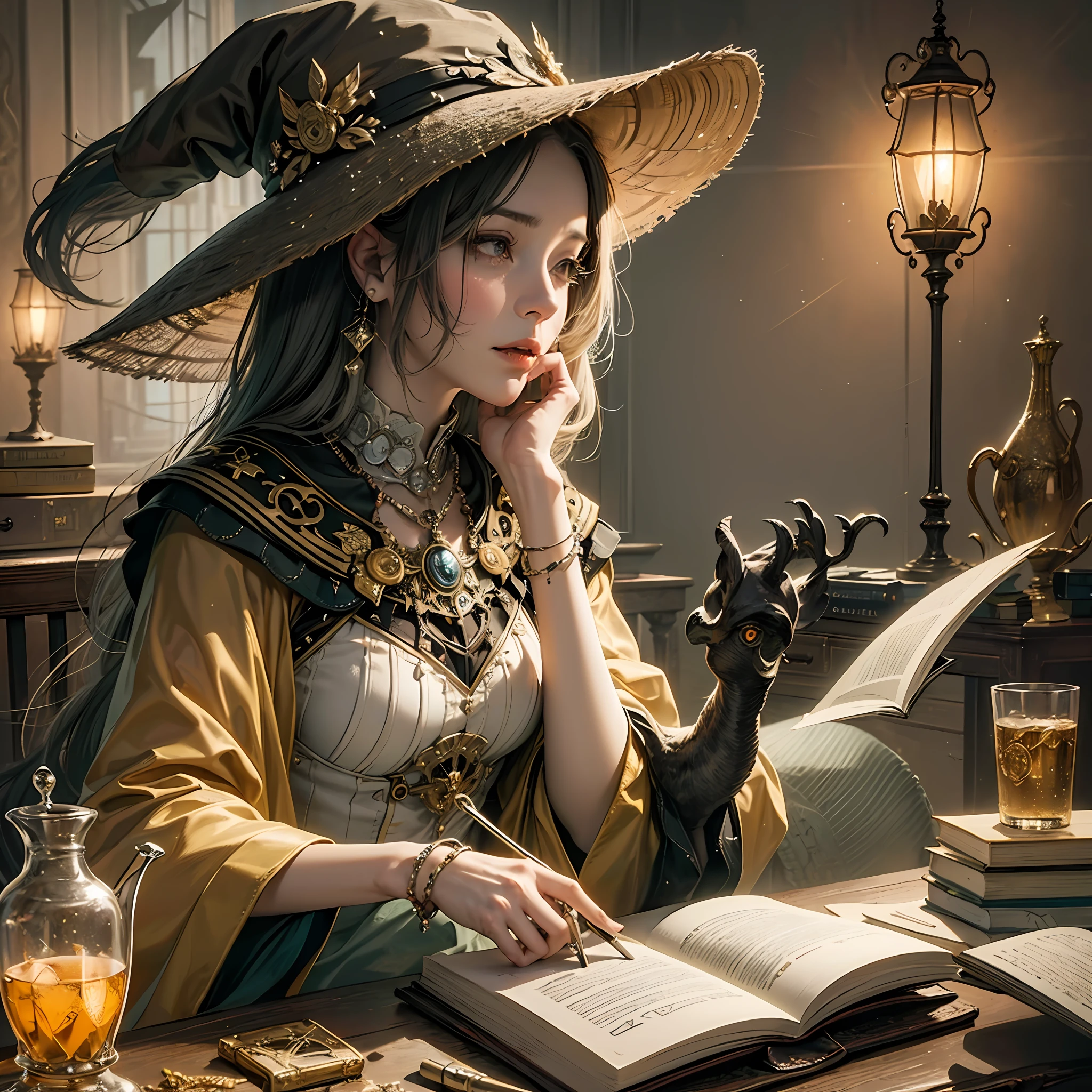 (mature)_female,((adult woman)), witch mixing potion and stuff with his magical friend owl, in a room field with books and potions, lamp on his sidee while working, glowing runes are floating on the book, elaborate scene style, glitter, orange, realistic style, 8k,exposure blend, medium shot, bokeh, (hdr:1.4), high contrast, (cinematic, orange and white film), (muted colors, dim colors, soothing tones:1.3), low saturation, (hyperdetailed:1.2),_