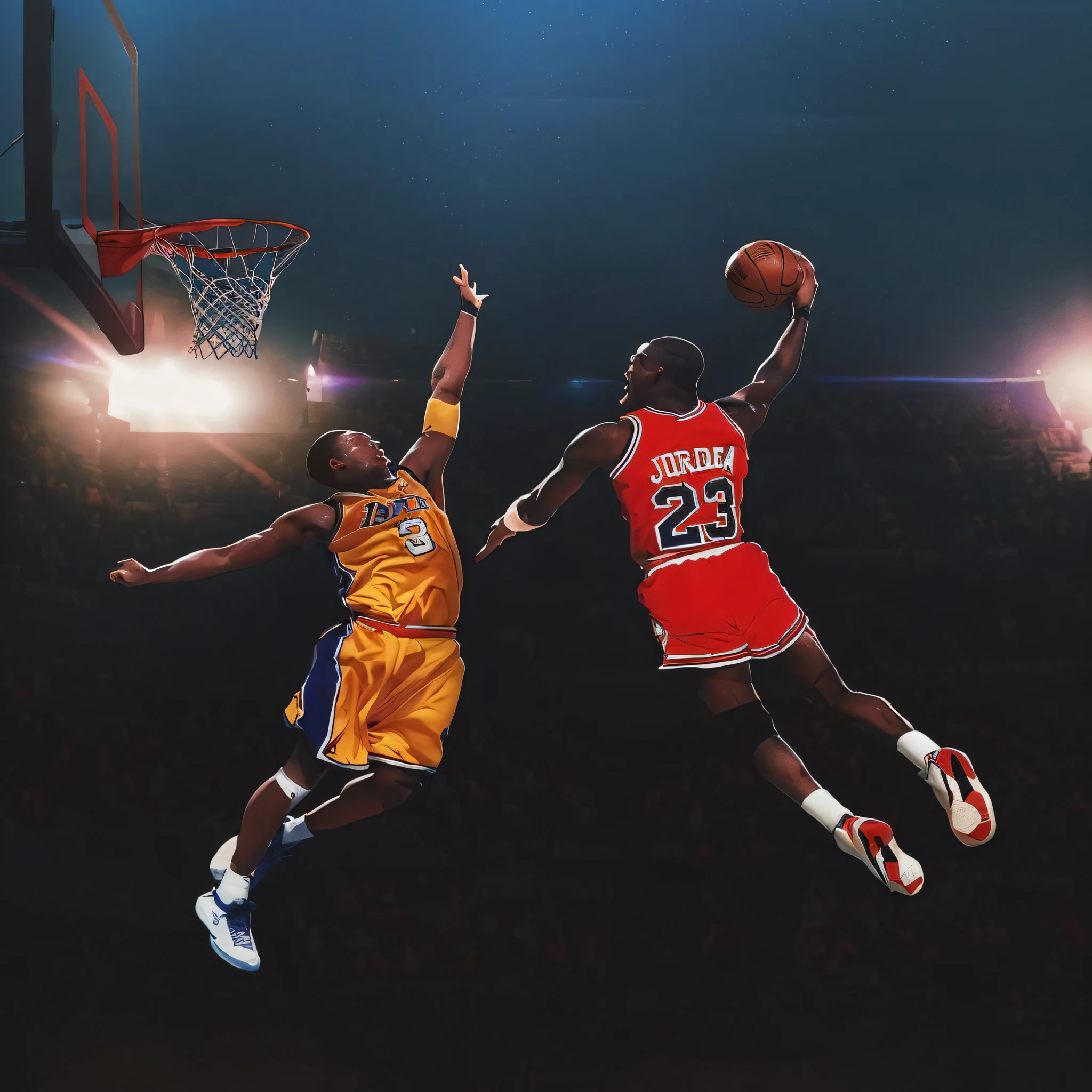 There are two basketball players who are jumping on a ball, Michael Jordan, Dunking, posterizado, inspirado em Jordan Grimmer, As finais da NBA, scence de slam dunk, greatest art ever made, o melhor de sempre, salto horizontal!!!, , iconic shot, FOTOGRAFIA ULTRA REALISTA, FOTOGRAFIA 8K.