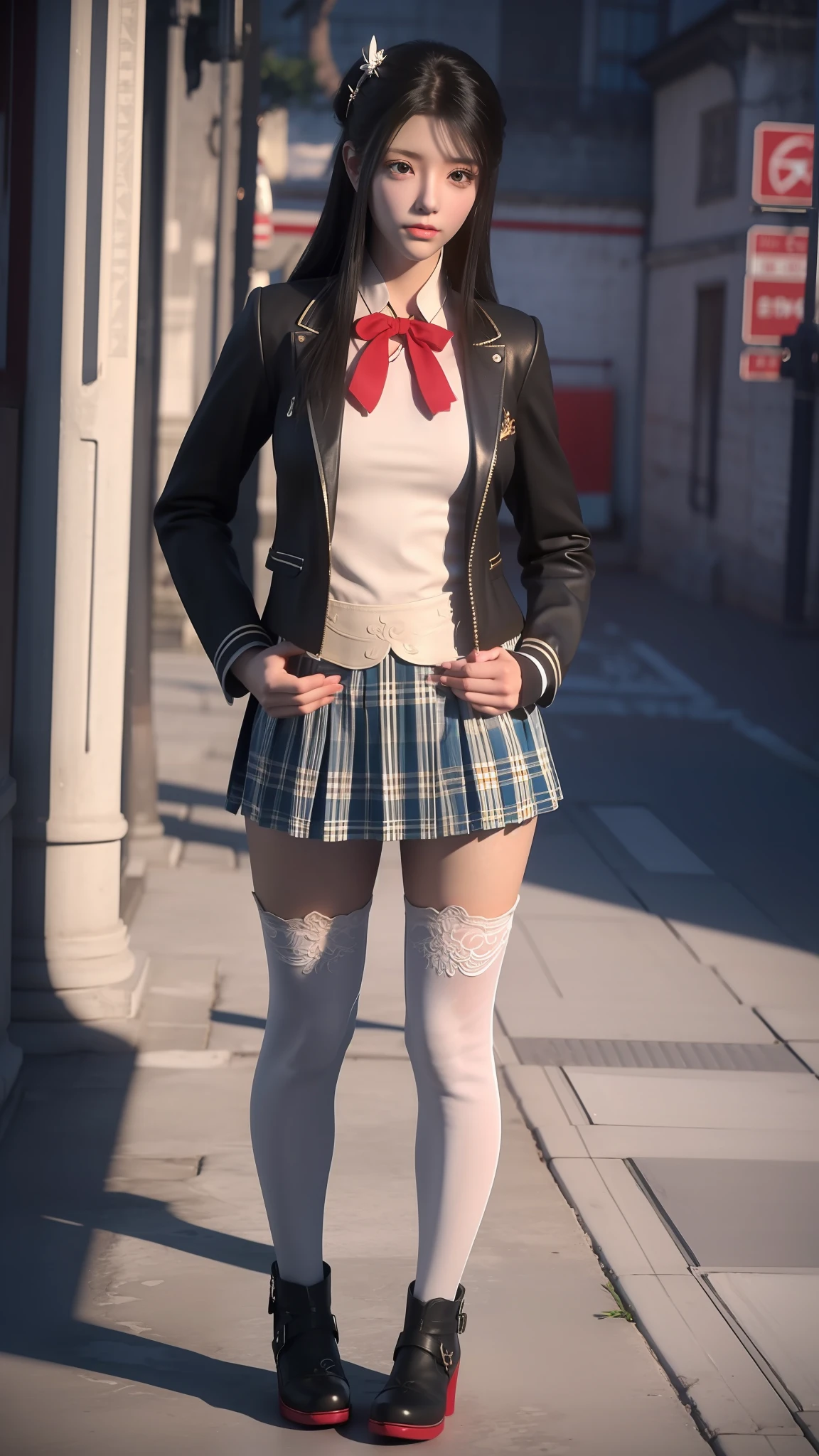 There is a woman in a short skirt and jacket posing for a photo, Surrealism female students, Surrealism female students, Realistic schoolgirl, photorealistic anime girl rendering, small curvaceous , thighhighs and skirt, 3 d anime realistic, highly detailed giantess shot, Photorealistic anime, photorealistic full body, [ 4 K photorealism ]!!