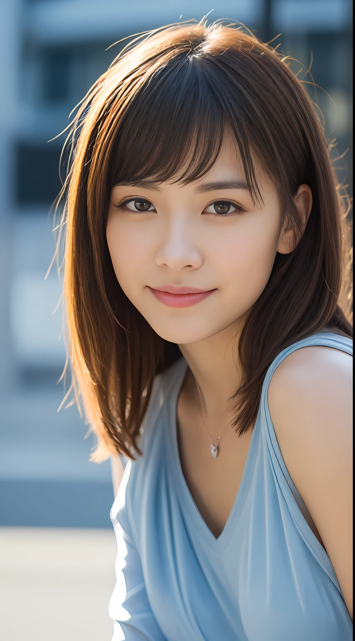 Anatomically normal((top-quality,8K,tmasterpiece:1.3)),Sharp focus:1.2,Beautiful Women in Perfect Figure:1.4,Slim abs:1.2,(Asymmetrical hair:1.2)),(sleevelessdress:1.3),Highly Detailed Face and Skin Textur,Detailed eyes,二重まぶた,The large,ssmile,(City view,Above Knees:1.3),Wearing a necklace