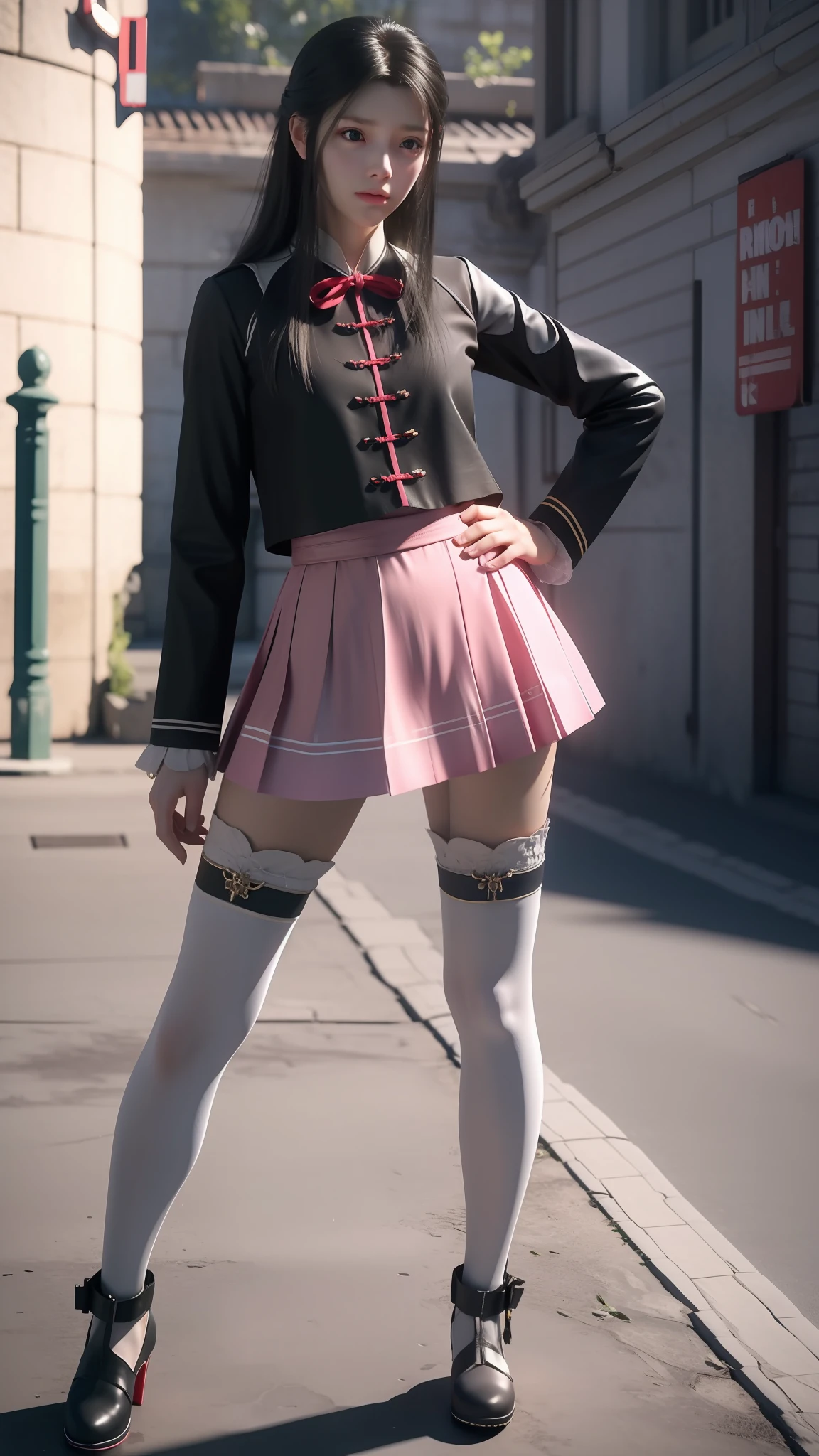 There is a woman in a short skirt and jacket posing for a photo, Surrealism female students, Surrealism female students, Realistic schoolgirl, photorealistic anime girl rendering, small curvaceous , thighhighs and skirt, 3 d anime realistic, highly detailed giantess shot, Photorealistic anime, photorealistic full body, [ 4 K photorealism ]!!