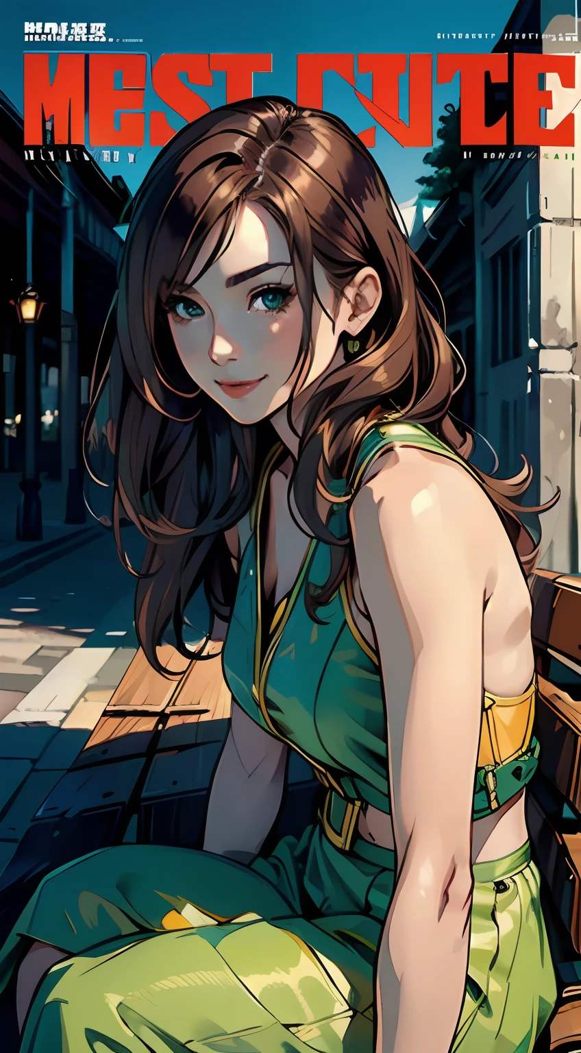 (masterpiece), ((best quality)), beautiful detailed hair detailed face, ultra high res, sharp focus, ((1 woman, solo)), full-body portrait, magazine cover, perfect feminine face, very stunning woman, smiles, outdoor, sit on the bench, colorful outfit, chesnut brown hair, flowing long hair, green eyes