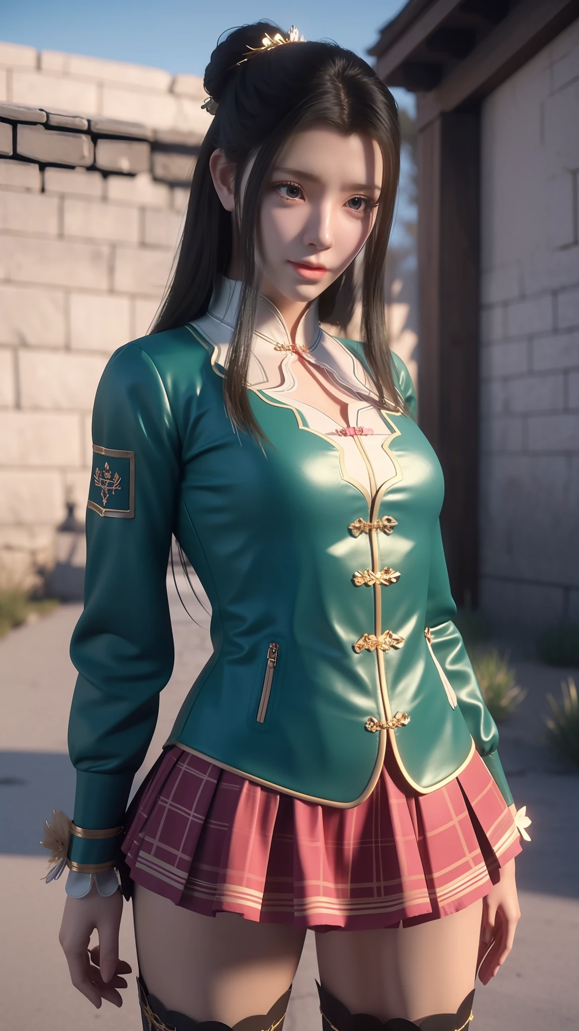 There is a woman in a short skirt and jacket posing for a photo, Surrealism female students, Surrealism female students, Realistic schoolgirl, photorealistic anime girl rendering, small curvaceous loli, thighhighs and skirt, 3 d anime realistic, highly detailed giantess shot, Photorealistic anime, photorealistic full body, [ 4 K photorealism ]!!