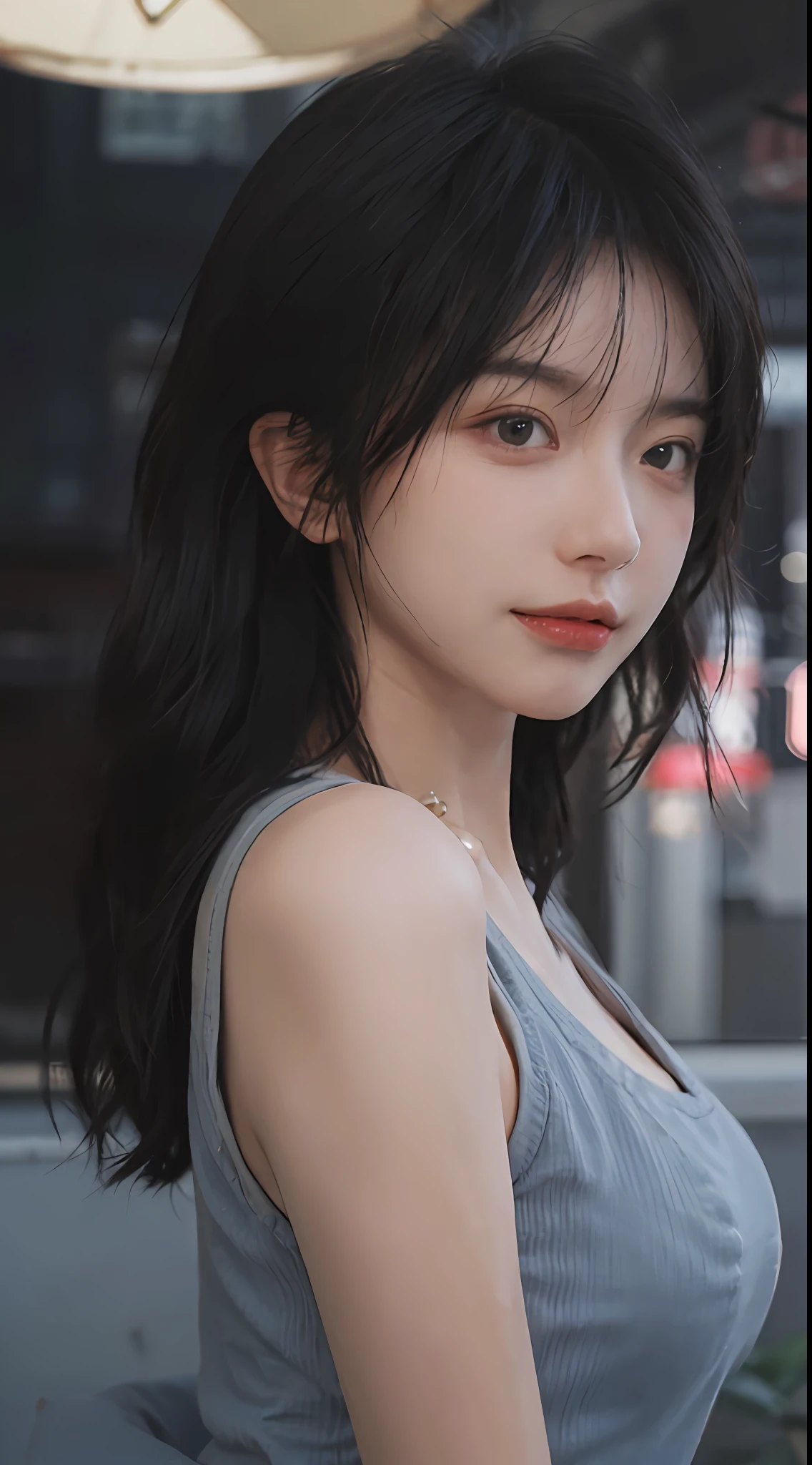 best qualtiy, 超高分辨率, (realisticlying:1.4),((Medium hair))),absurderes:1.2, The background is blurred out, Bokeh:1.2, photography of, (RAW photogr:1.2), (realisticlying:1.4), (tmasterpiece:1.3), (complexdetails:1.2), 1girll, 独奏, delicated, beautifuldetails, (Detailed eyes), (detailedfacialfeatures), Petite, (((Large breasts))), skin tight, (Looking_at_peeping at the viewer), From_Front, (being thin), (best qualtiy:1.4), (超高分辨率:1.2), cinematric light, (Extreme detail illustration), (Gloss on lips, best qualityer, 超高分辨率, depth of fields, Caustics, Wide lighting, naturalshadow, 85mm, f/1.4, iso 200, 1/160s:0.75),1girll, 独奏, (((blue tanktop)))ssmile, 校服, choker necklace,