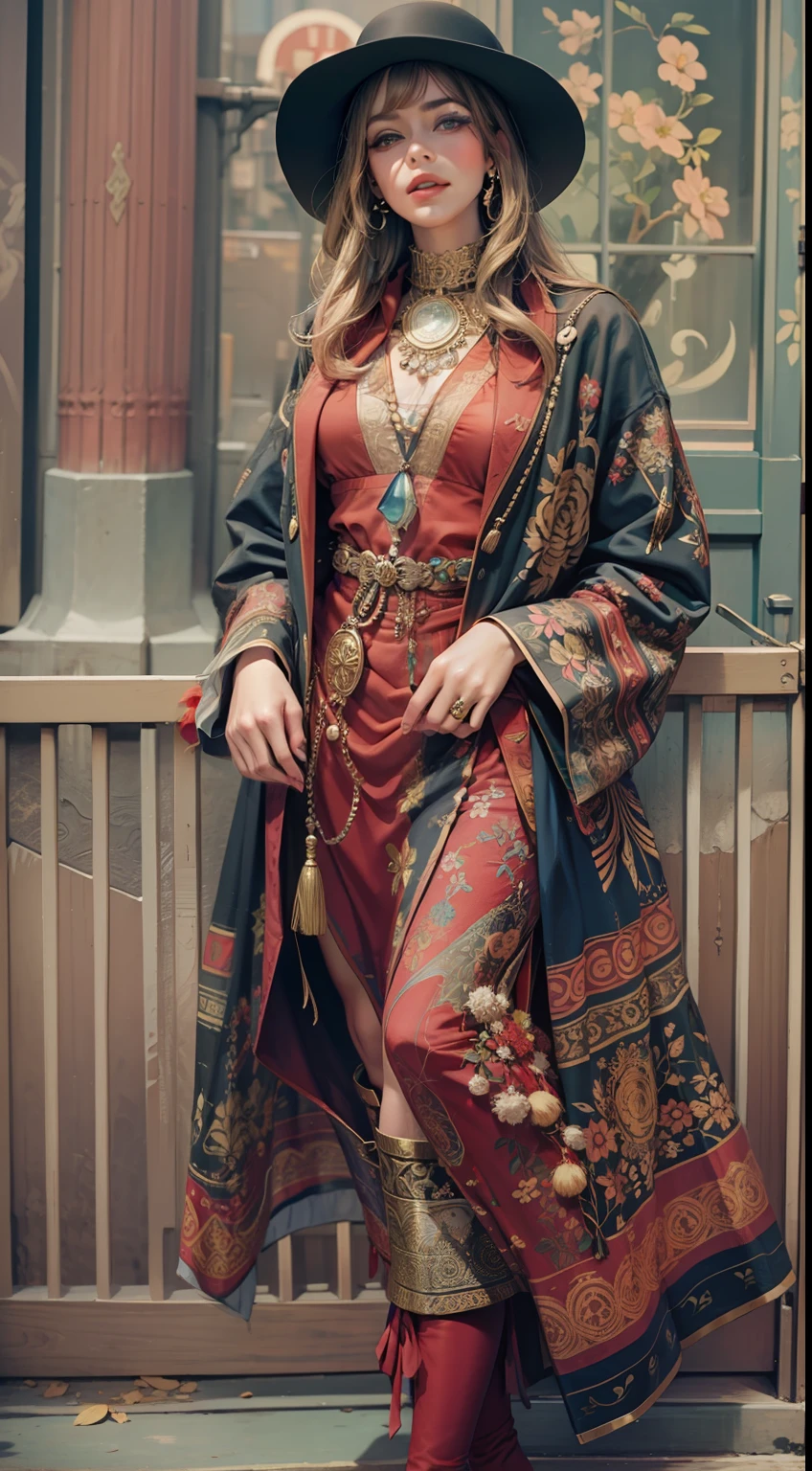 Beautiful woman in intricate Urban Vintage Bohemian Outfit