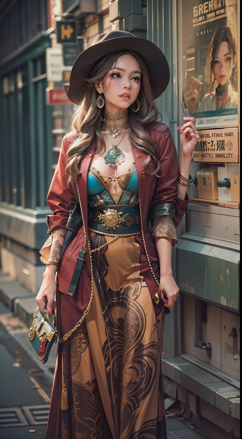 Beautiful woman in intricate Urban Vintage Bohemian Outfit