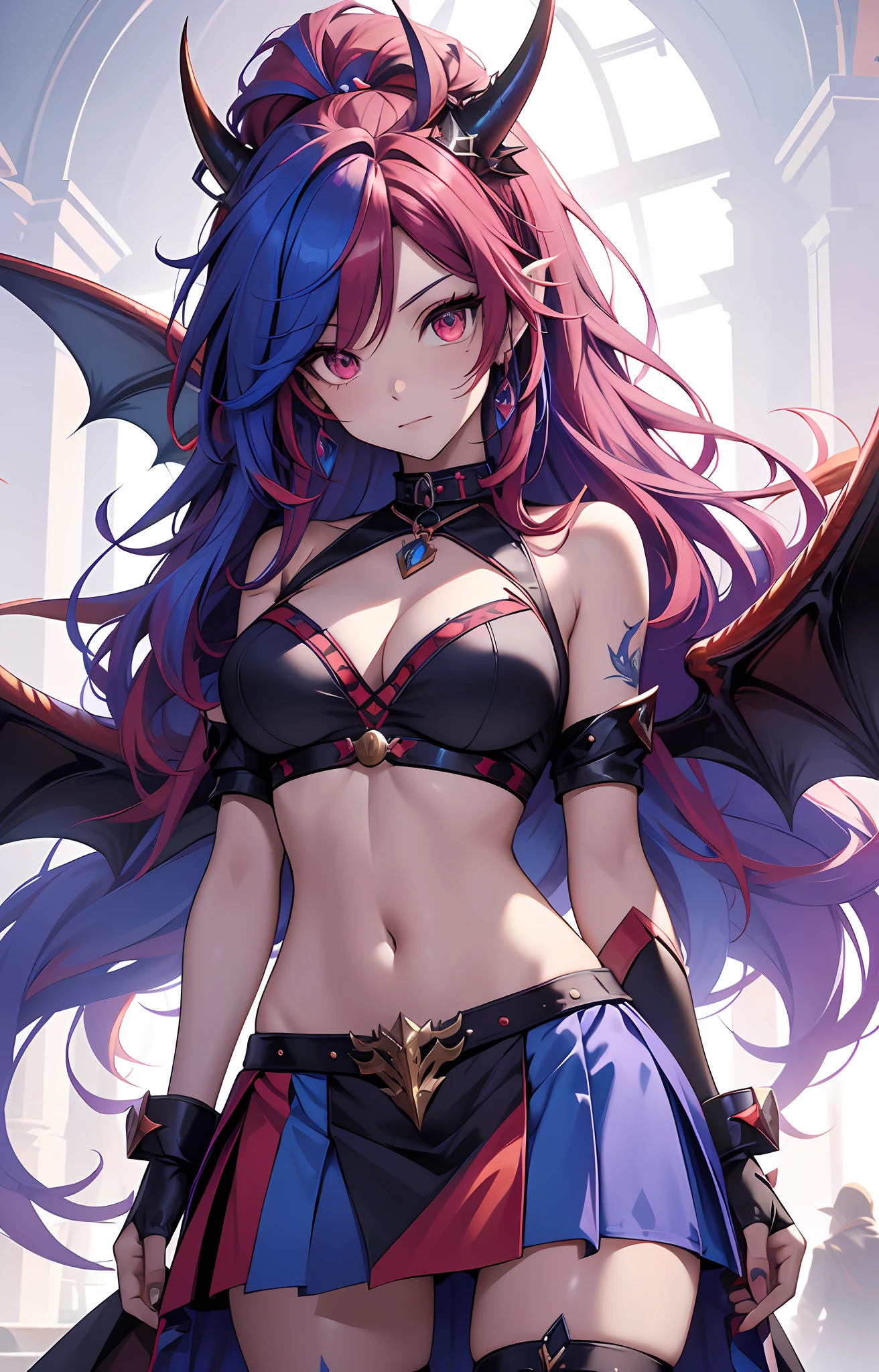 best qualityer，tmasterpiece，Ultimate resolution，downy，Extremely colorful，Colorful，Dragon beauty，A MILF，Long red and blue hair，Long messy hair，A pair of dragon horns，A pair of dragon wings，a matural female，Crop topping，Superskirt，The kinky is exposed，Dome，Skysky，Normal posture