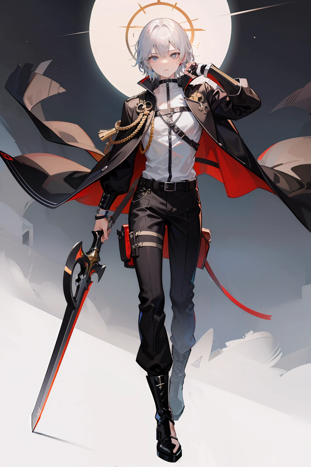Full body like，White-colored skin，White-colored skin，combat scene，whaite hair，Black pupils，Pure black eyes，Silver-toned stud earrings，shoun，crosses，bandagens，There are bandages on the hands，short detailed hair，Handsome，Libido boy，Highest image quality，the night，the night，warn，male people，hooding，cargo pants，Martin boots，Black pick dye，Long sword，crosses，crosses，nighttime scene，Black cargo pants，Black pantsuit，Streamers，wind coat