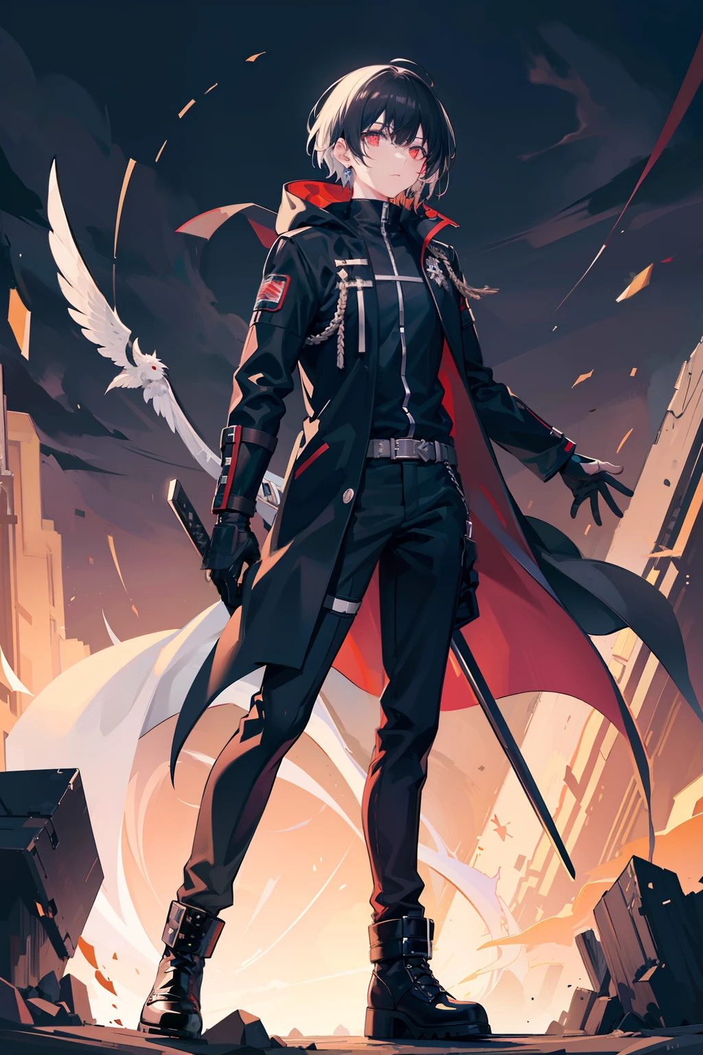 Full body like,White-colored skin,White-colored skin,combat scene,whaite hair,Black pupils,Pure black eyes,Silver-toned stud earrings,shoun,crosses,bandagens,There are bandages on the hands,short detailed hair,Handsome,Libido boy,Highest image quality,the night,the night,warn,male people,hooding,cargo pants,Martin boots,Black pick dye,Long sword,crosses,crosses,nighttime scene,Black cargo pants,Black pantsuit,Streamers,wind coat